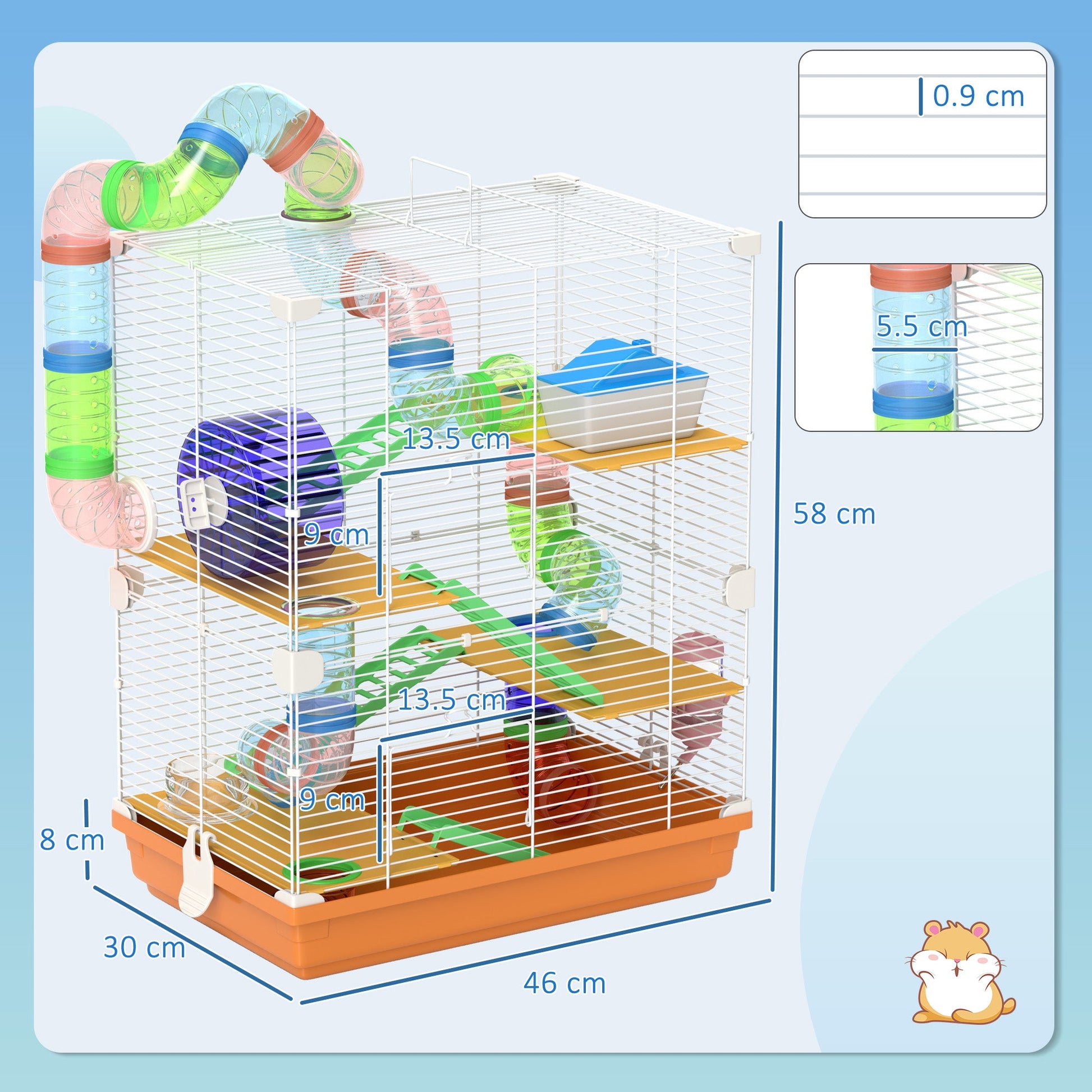 5 Tier Hamster Cage, Gerbil Cage with Tube Exercise Wheels, Tunnel, Water Bottle, Dishes, 58H x 46L x 30Wcm, Orange