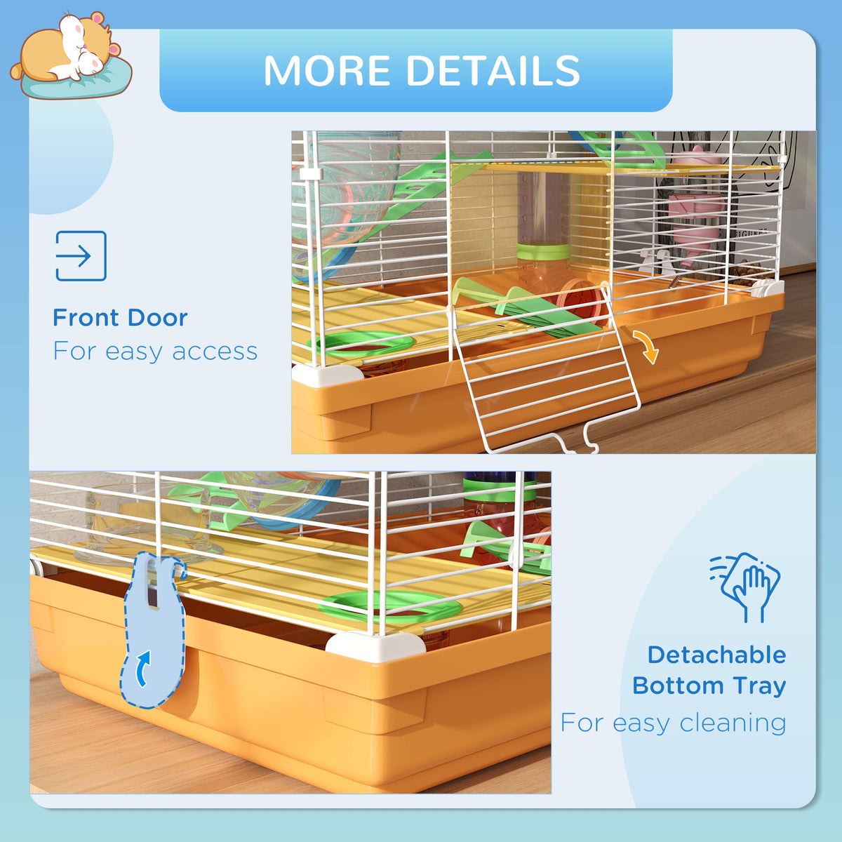 5 Tier Hamster Cage, Gerbil Cage with Tube Exercise Wheels, Tunnel, Water Bottle, Dishes, 58H x 46L x 30Wcm, Orange