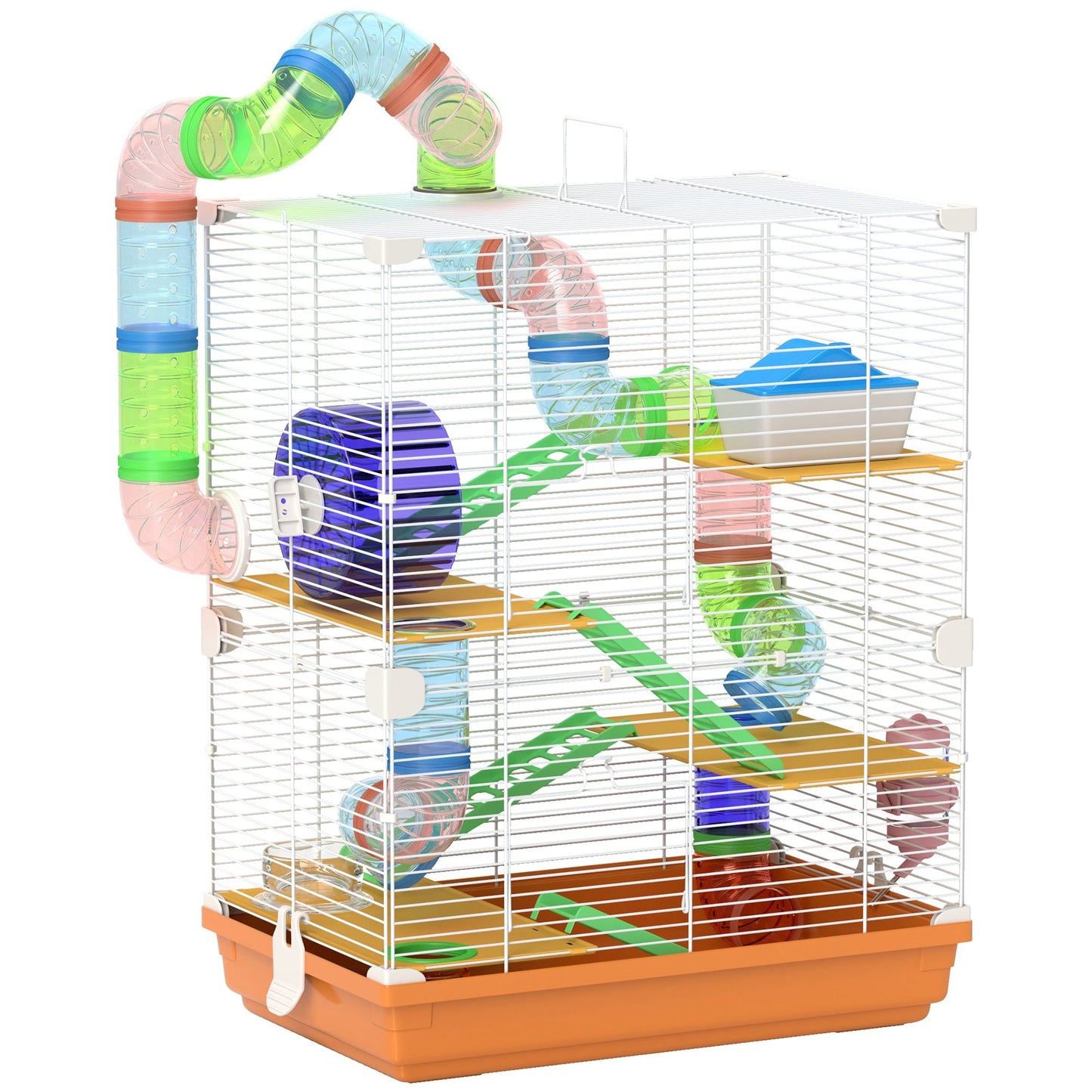 5 Tier Hamster Cage, Gerbil Cage with Tube Exercise Wheels, Tunnel, Water Bottle, Dishes, 58H x 46L x 30Wcm, Orange