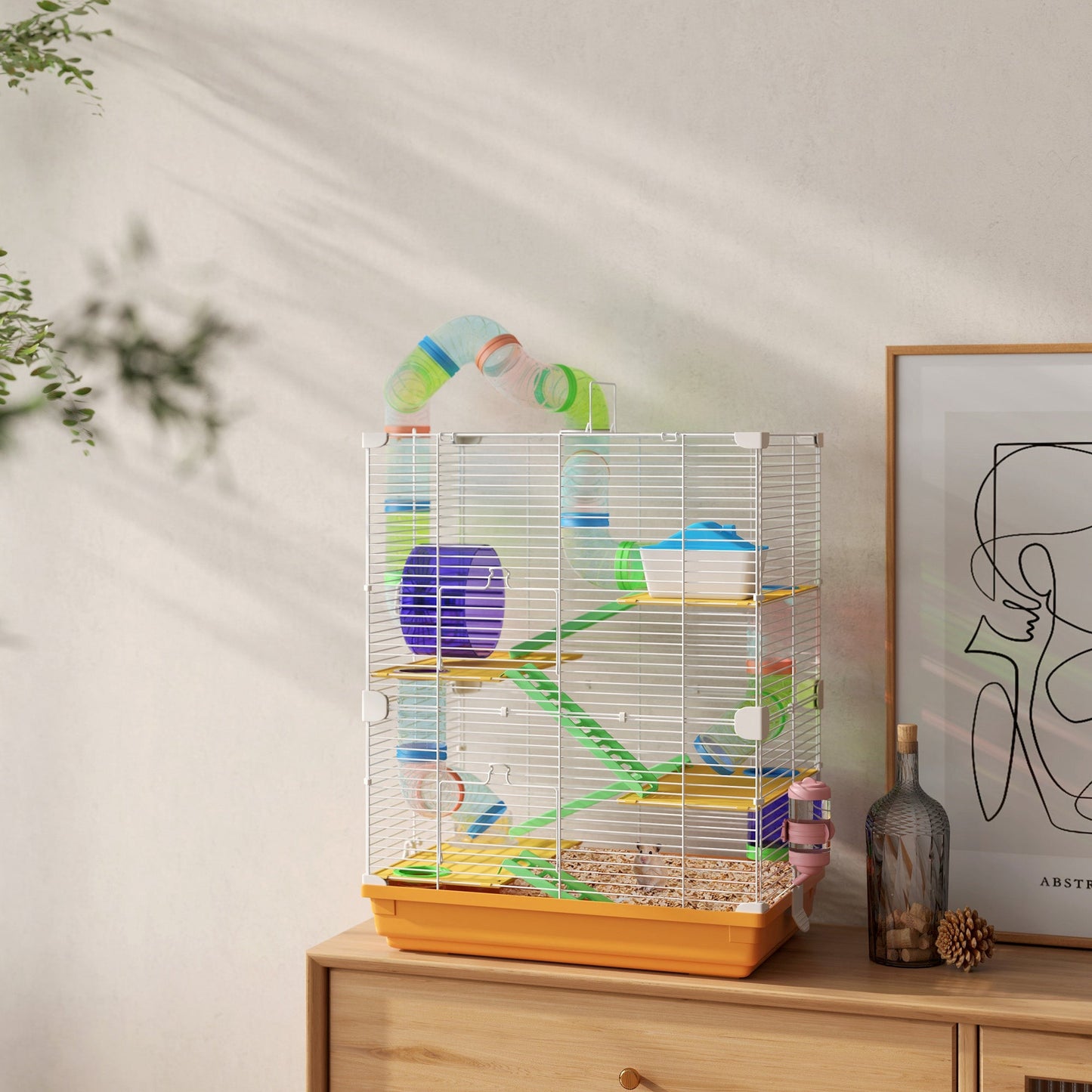 5 Tier Hamster Cage, Gerbil Cage with Tube Exercise Wheels, Tunnel, Water Bottle, Dishes, 58H x 46L x 30Wcm, Orange