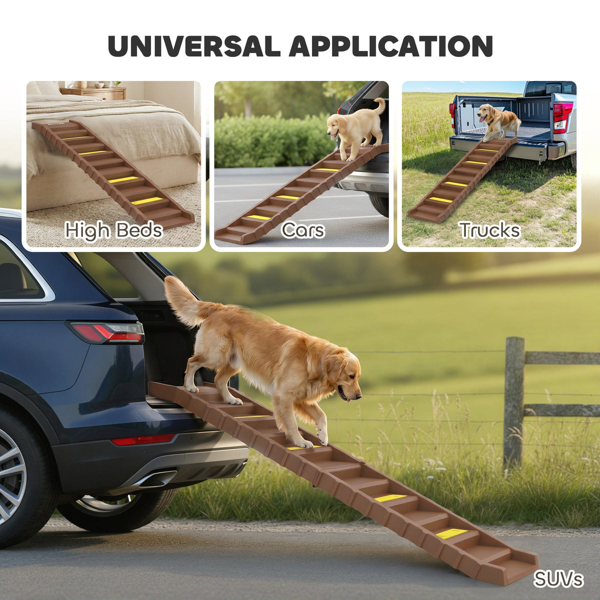 Foldable Dog Ramp for Cars High Bed, Portable 10-Step Dog Stairs with Non-Slip Strips & Pads, Lightweight Pet SUV Truck Steps, Support Up to 68 KG, Brown