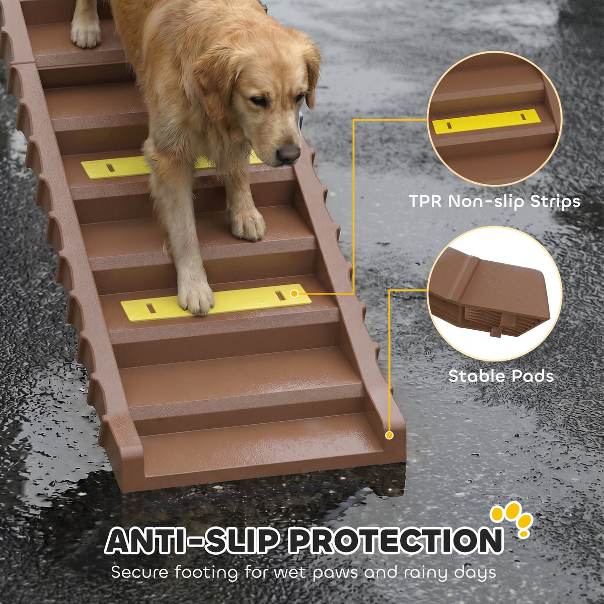 Foldable Dog Ramp for Cars High Bed, Portable 10-Step Dog Stairs with Non-Slip Strips & Pads, Lightweight Pet SUV Truck Steps, Support Up to 68 KG, Brown