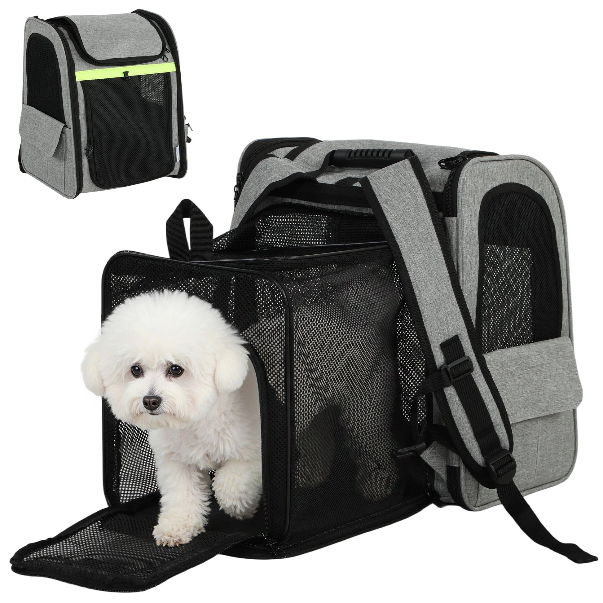 Dog Carrier Backpack Expandable, Breathable Pet Carrier Bag for Small Puppy Cat with Reflective Strip and 5 Pockets, for Travel Hiking Walking Camping, Light Grey