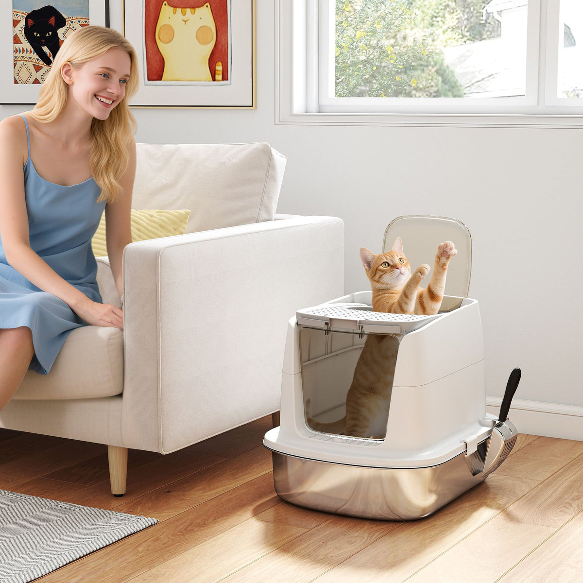 Stainless Steel Litter Box with Lid, Large Hooded Cat Litter Tray with Flip Cover, Metal Scoop, Deodoriser Bag, Non-Sticky, Odour Control and Easy Clean, White