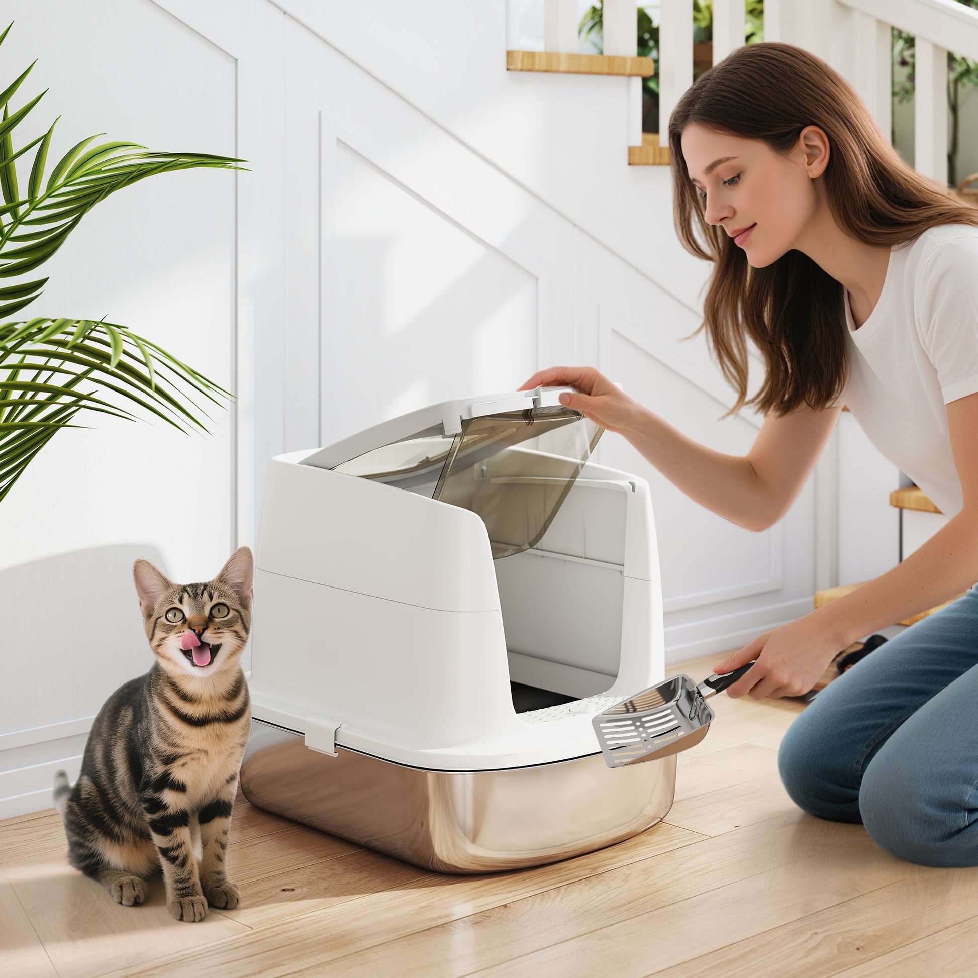 Stainless Steel Litter Box with Lid, Large Hooded Cat Litter Tray with Flip Cover, Metal Scoop, Deodoriser Bag, Non-Sticky, Odour Control and Easy Clean, White