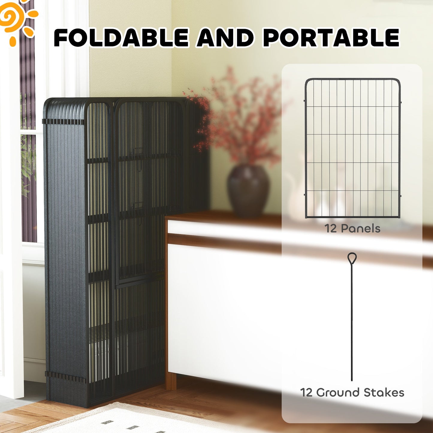 Dog Pen, 12 Panel Puppy Pen, Steel Dog Playpen, for Medium Breeds, 100cm Tall, Black