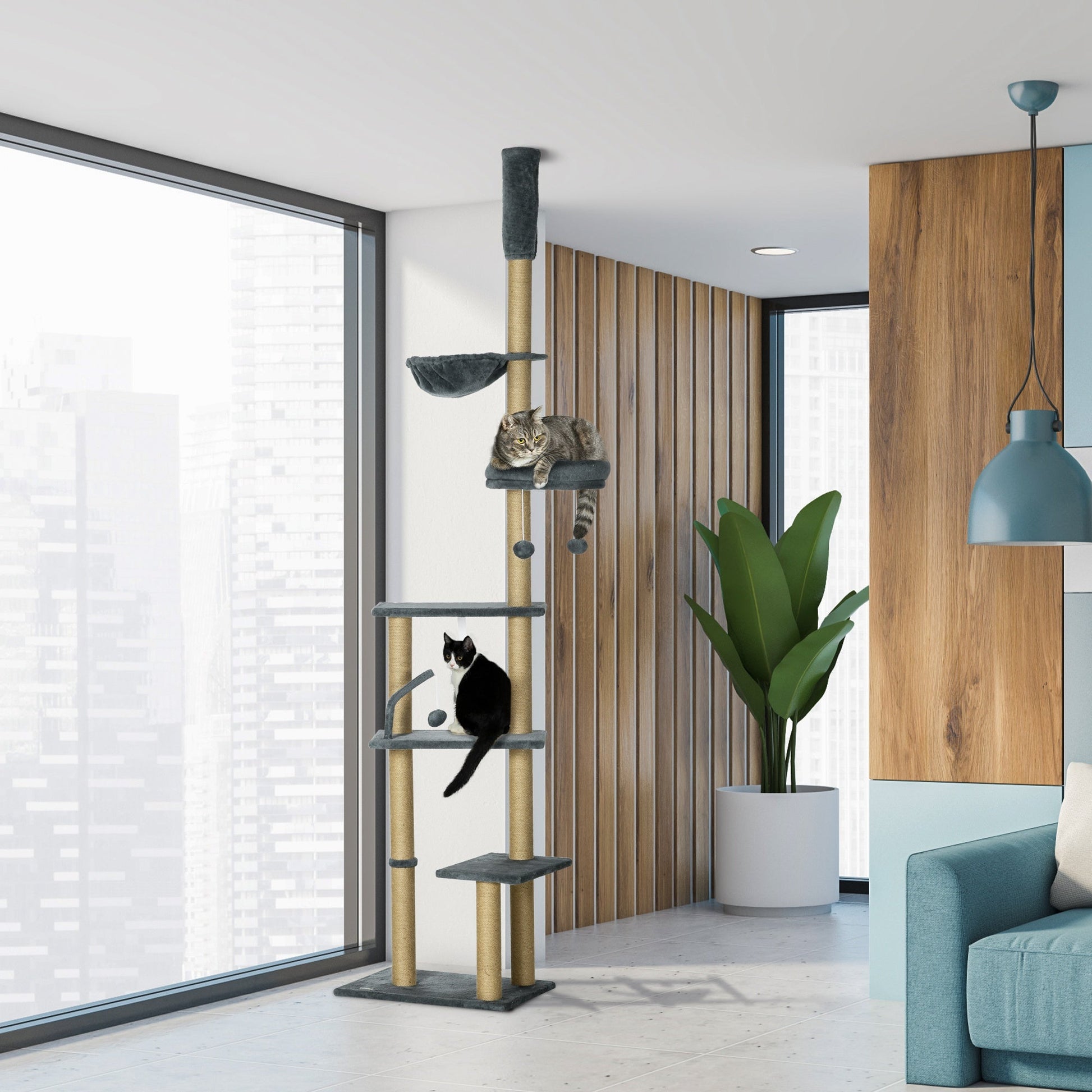 Floor to Ceiling Cat Tree for Indoor Cats, 6-Tier Play Tower Climbing Activity Center with Scratching Post, Platforms, Bed, Hammock, Adjustable Height 230-250cm, Grey