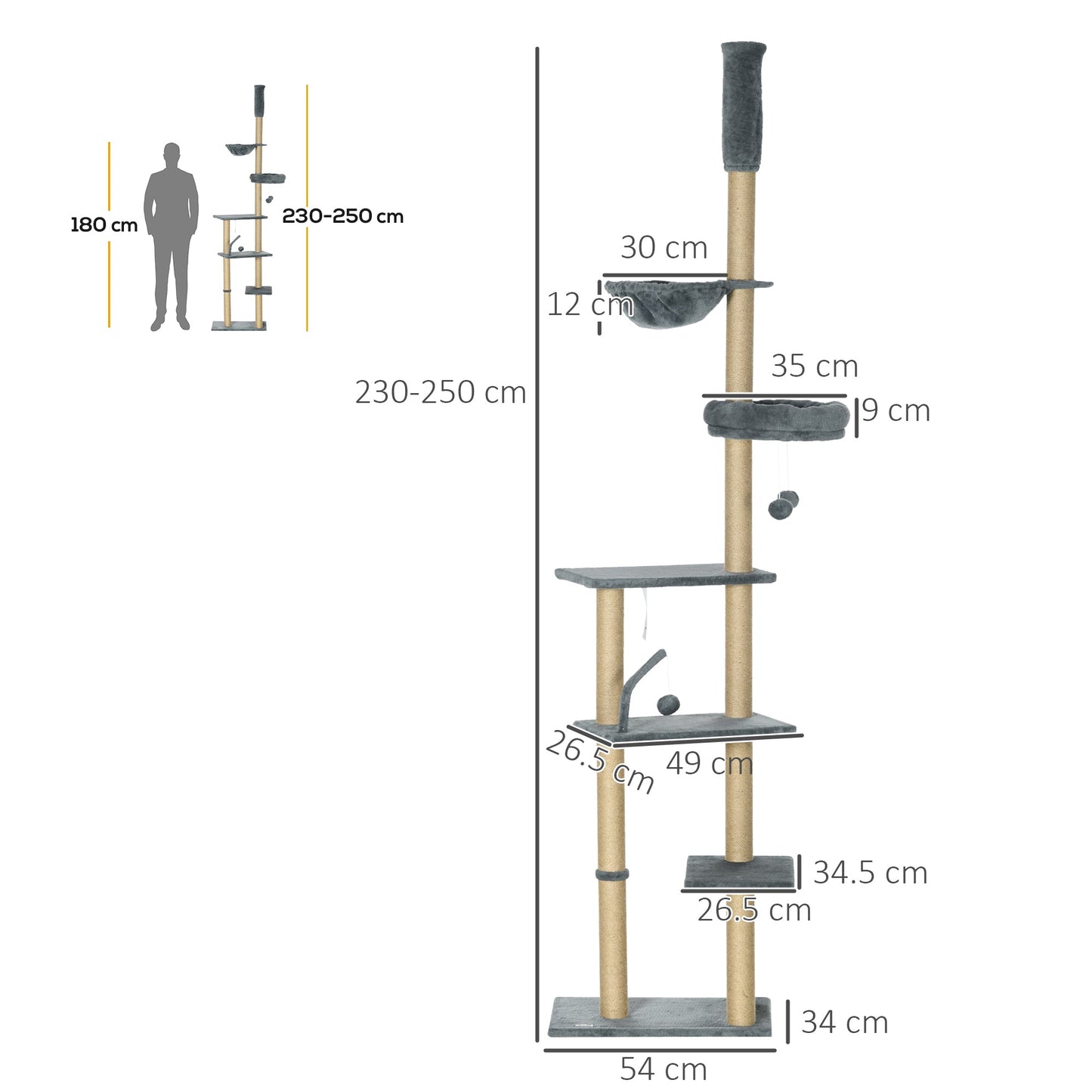 Floor to Ceiling Cat Tree for Indoor Cats, 6-Tier Play Tower Climbing Activity Center with Scratching Post, Platforms, Bed, Hammock, Adjustable Height 230-250cm, Grey