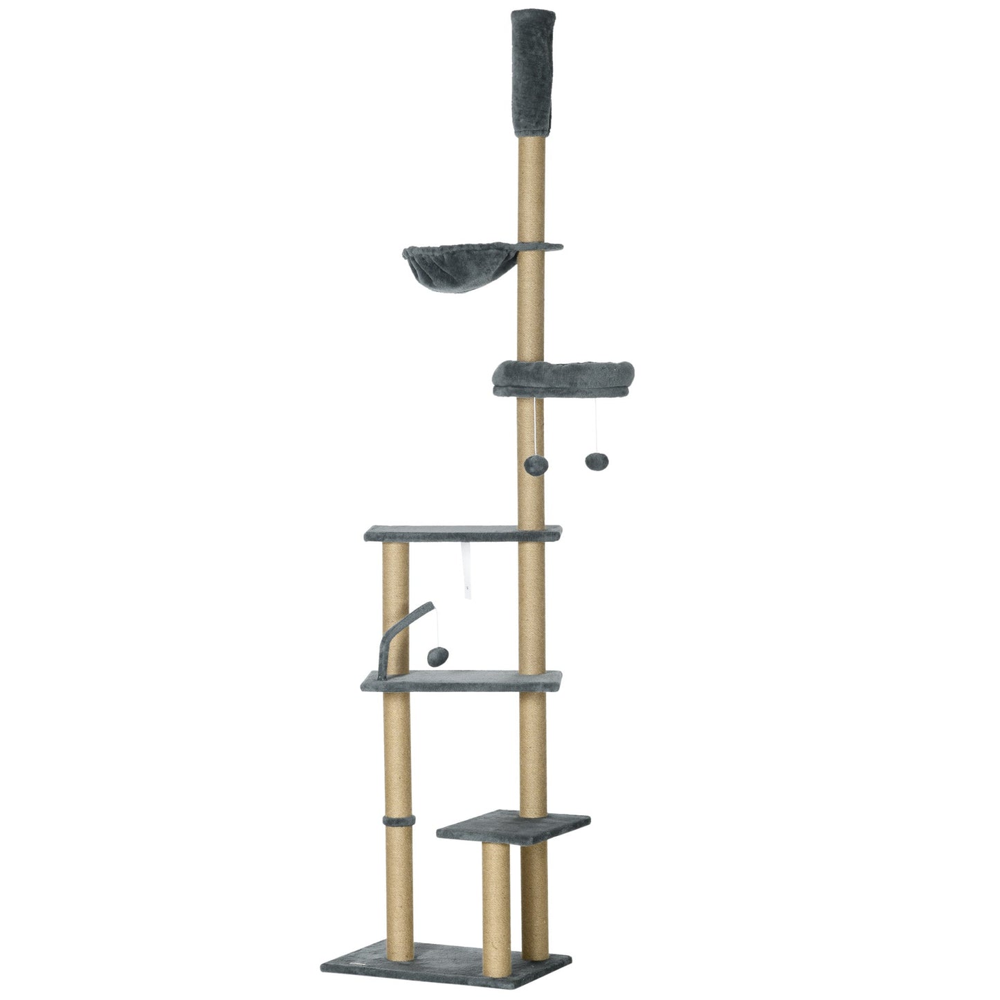 Floor to Ceiling Cat Tree for Indoor Cats, 6-Tier Play Tower Climbing Activity Center with Scratching Post, Platforms, Bed, Hammock, Adjustable Height 230-250cm, Grey