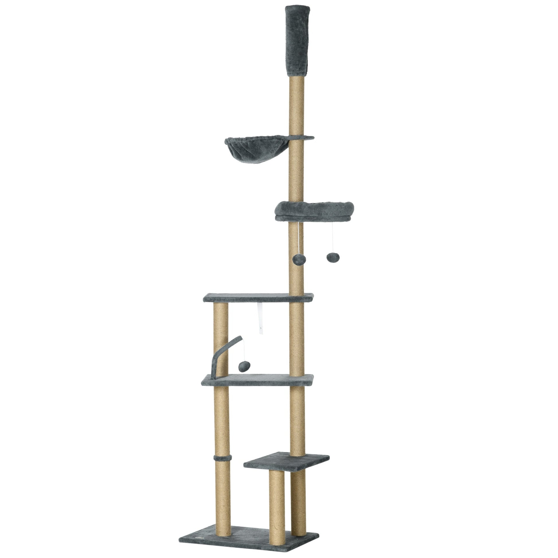 Floor to Ceiling Cat Tree for Indoor Cats, 6-Tier Play Tower Climbing Activity Center with Scratching Post, Platforms, Bed, Hammock, Adjustable Height 230-250cm, Grey