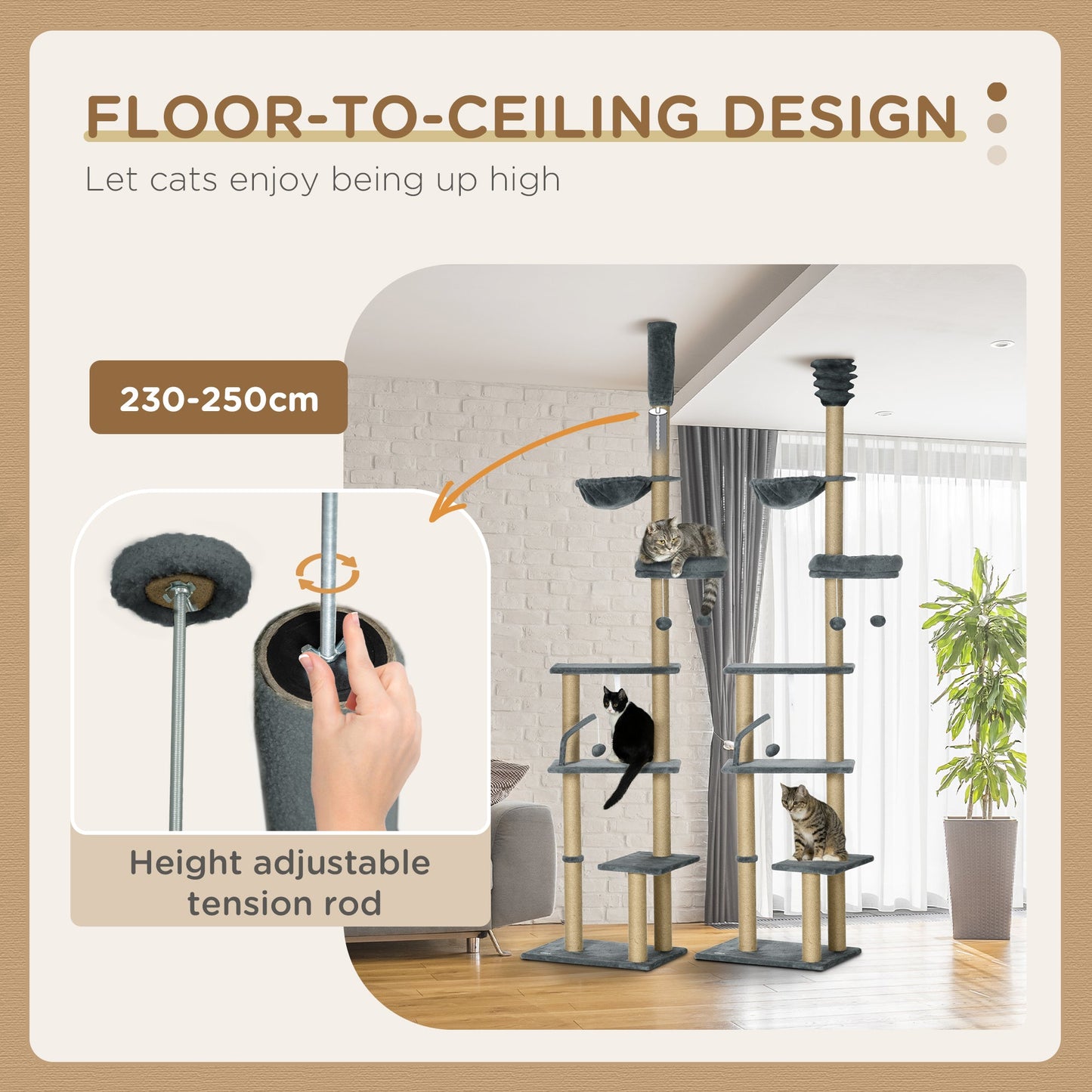Floor to Ceiling Cat Tree for Indoor Cats, 6-Tier Play Tower Climbing Activity Center with Scratching Post, Platforms, Bed, Hammock, Adjustable Height 230-250cm, Grey