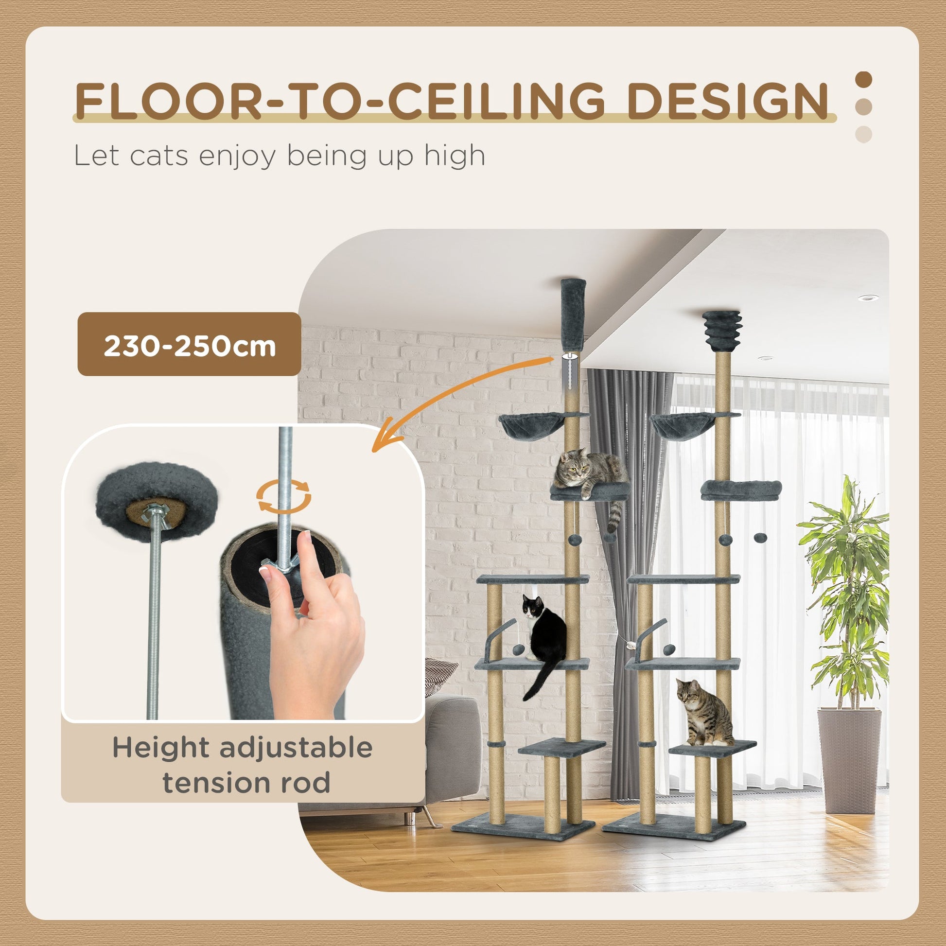 Floor to Ceiling Cat Tree for Indoor Cats, 6-Tier Play Tower Climbing Activity Center with Scratching Post, Platforms, Bed, Hammock, Adjustable Height 230-250cm, Grey