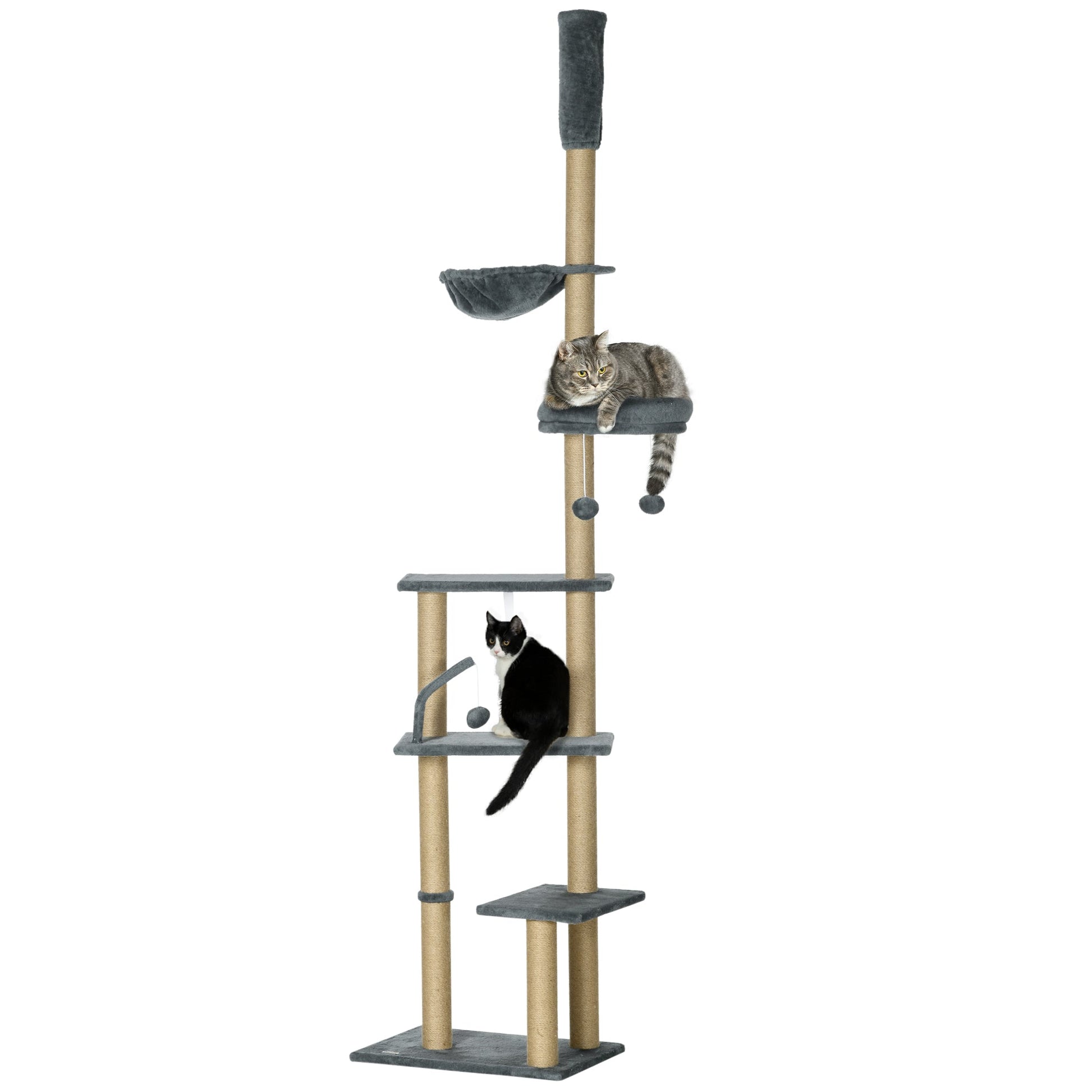 Floor to Ceiling Cat Tree for Indoor Cats, 6-Tier Play Tower Climbing Activity Center with Scratching Post, Platforms, Bed, Hammock, Adjustable Height 230-250cm, Grey
