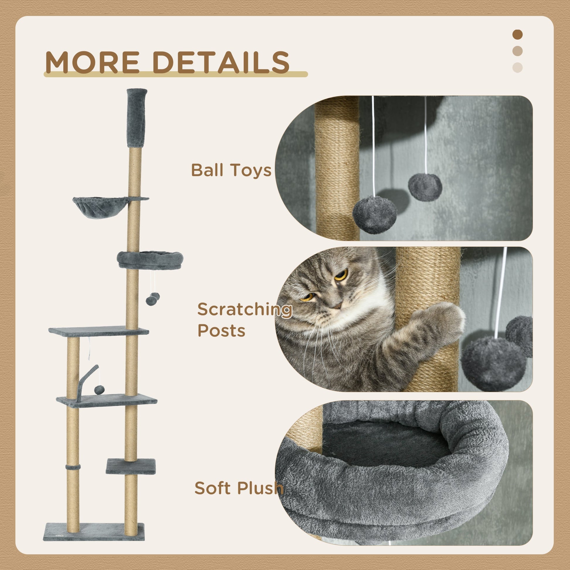 Floor to Ceiling Cat Tree for Indoor Cats, 6-Tier Play Tower Climbing Activity Center with Scratching Post, Platforms, Bed, Hammock, Adjustable Height 230-250cm, Grey