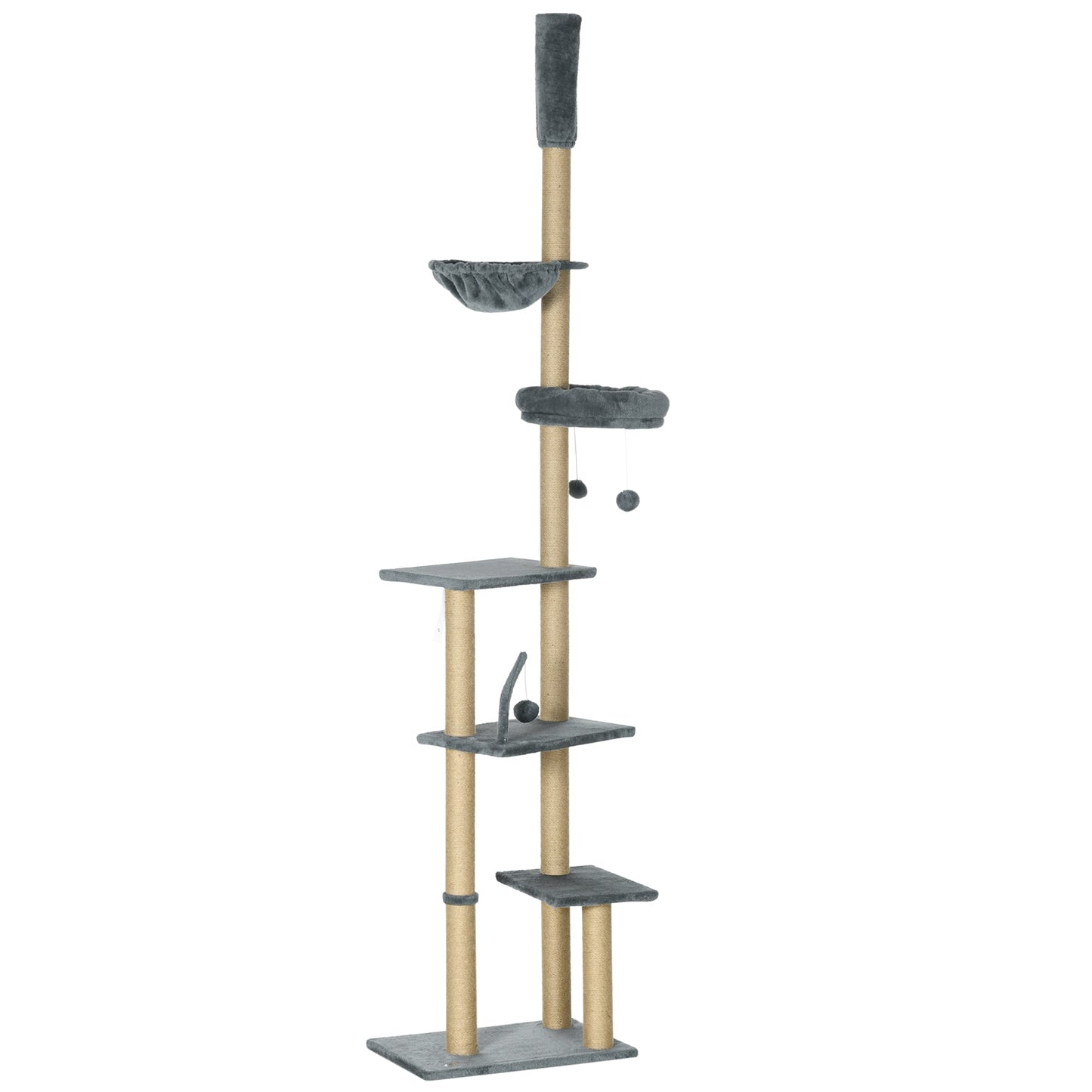 Floor to Ceiling Cat Tree for Indoor Cats, 6-Tier Play Tower Climbing Activity Center with Scratching Post, Platforms, Bed, Hammock, Adjustable Height 230-250cm, Grey