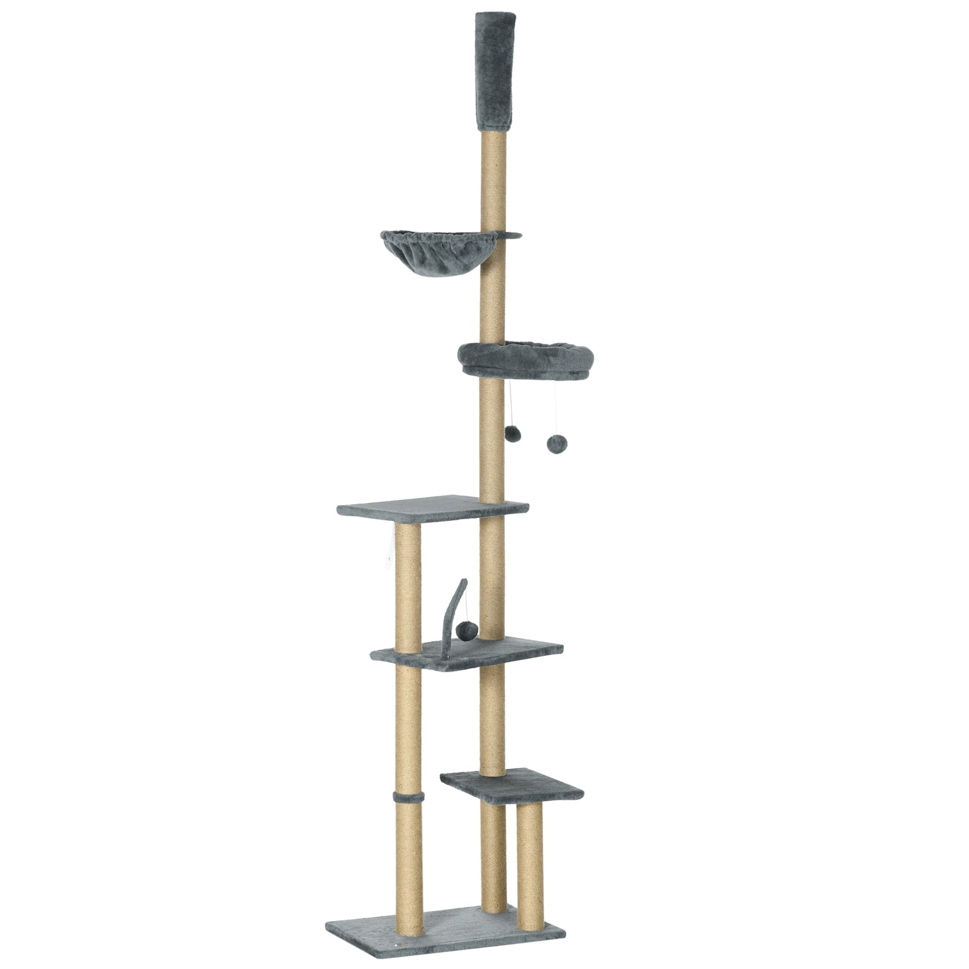 Floor to Ceiling Cat Tree for Indoor Cats, 6-Tier Play Tower Climbing Activity Center with Scratching Post, Platforms, Bed, Hammock, Adjustable Height 230-250cm, Grey