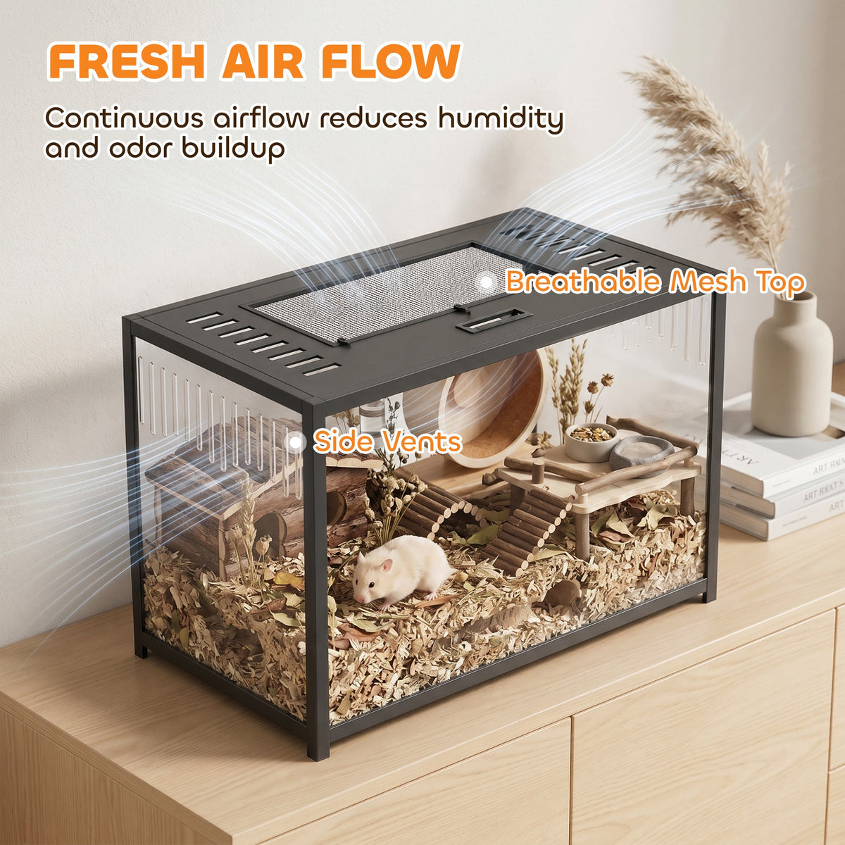 Hamster Cage, Chewproof Metal Rat Cage with Deep Base, Openable Top & Excellent Ventilation, Transparent Small Animal Habitat for Syrian Dwarf Hamster, Gerbil, 80 x 45 x 50.5 cm, Black