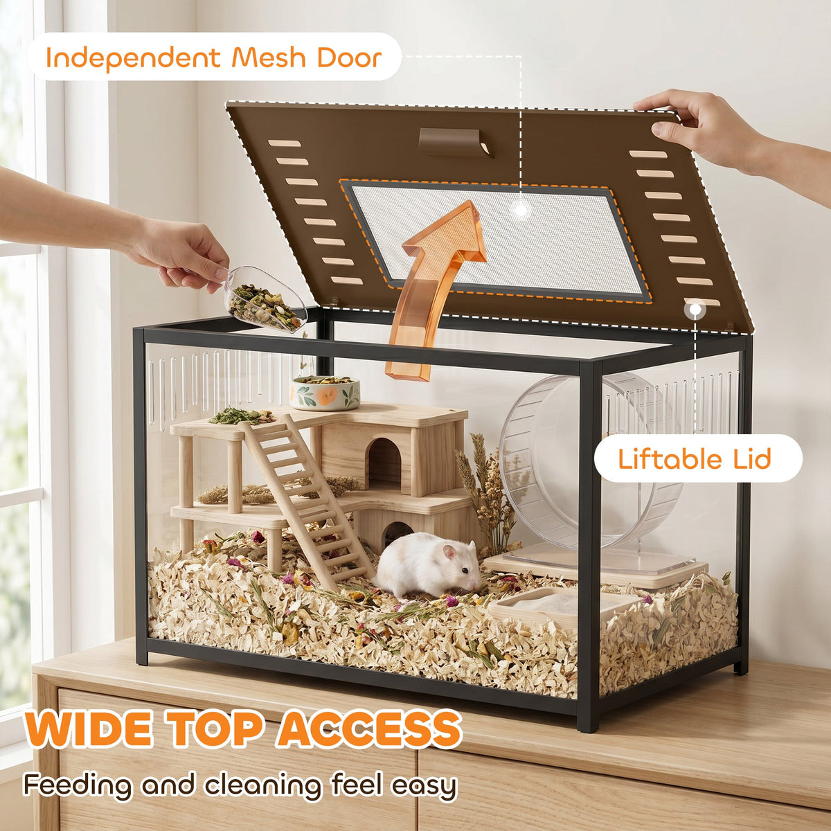 Hamster Cage, Chewproof Metal Rat Cage with Deep Base, Openable Top & Excellent Ventilation, Transparent Small Animal Habitat for Syrian Dwarf Hamster, Gerbil, 80 x 45 x 50.5 cm, Black