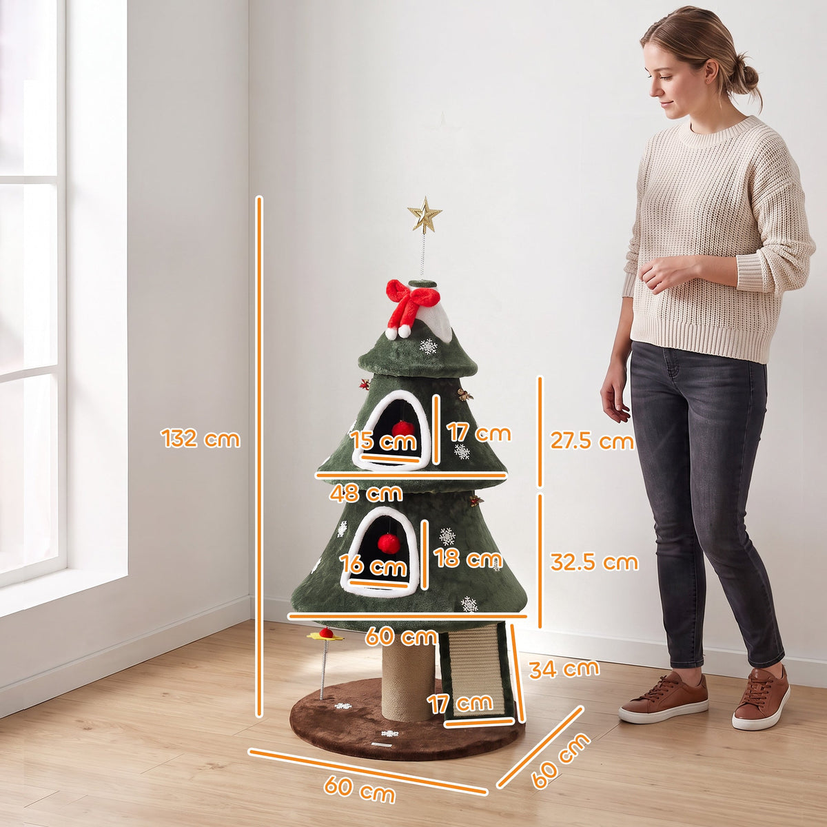 Cat Tree, Christmas Cat Tower with Dual Condos, Sisal Ladder, Jute Posts, Anti-Tip Rope, Hanging Balls, Scratching Post for Indoor Kittens, 60 x 60 x 132 cm, Green