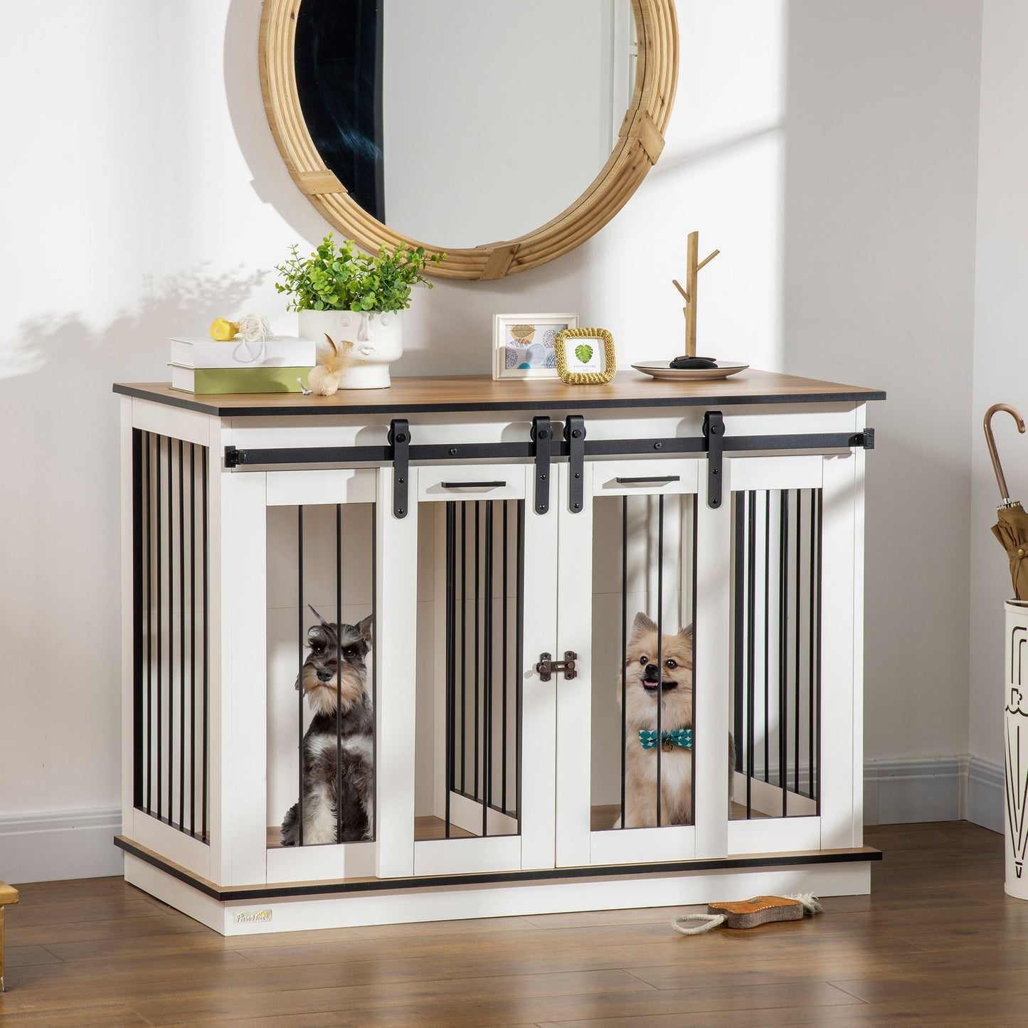 Dog Crate Furniture for Large Dog, Double Dog Cage for Small Dogs with Divider, Sliding Doors - White