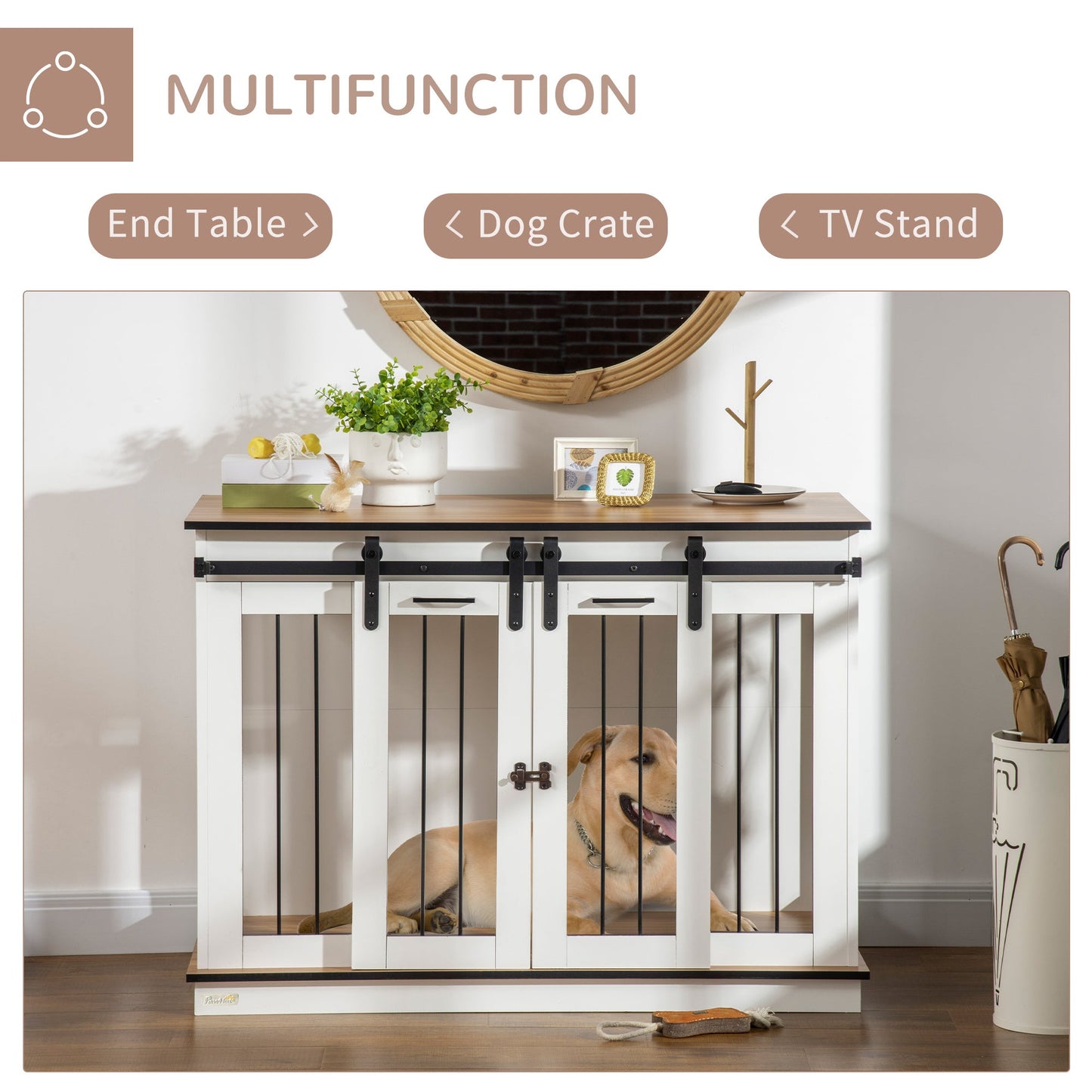 Dog Crate Furniture for Large Dog, Double Dog Cage for Small Dogs with Divider, Sliding Doors - White