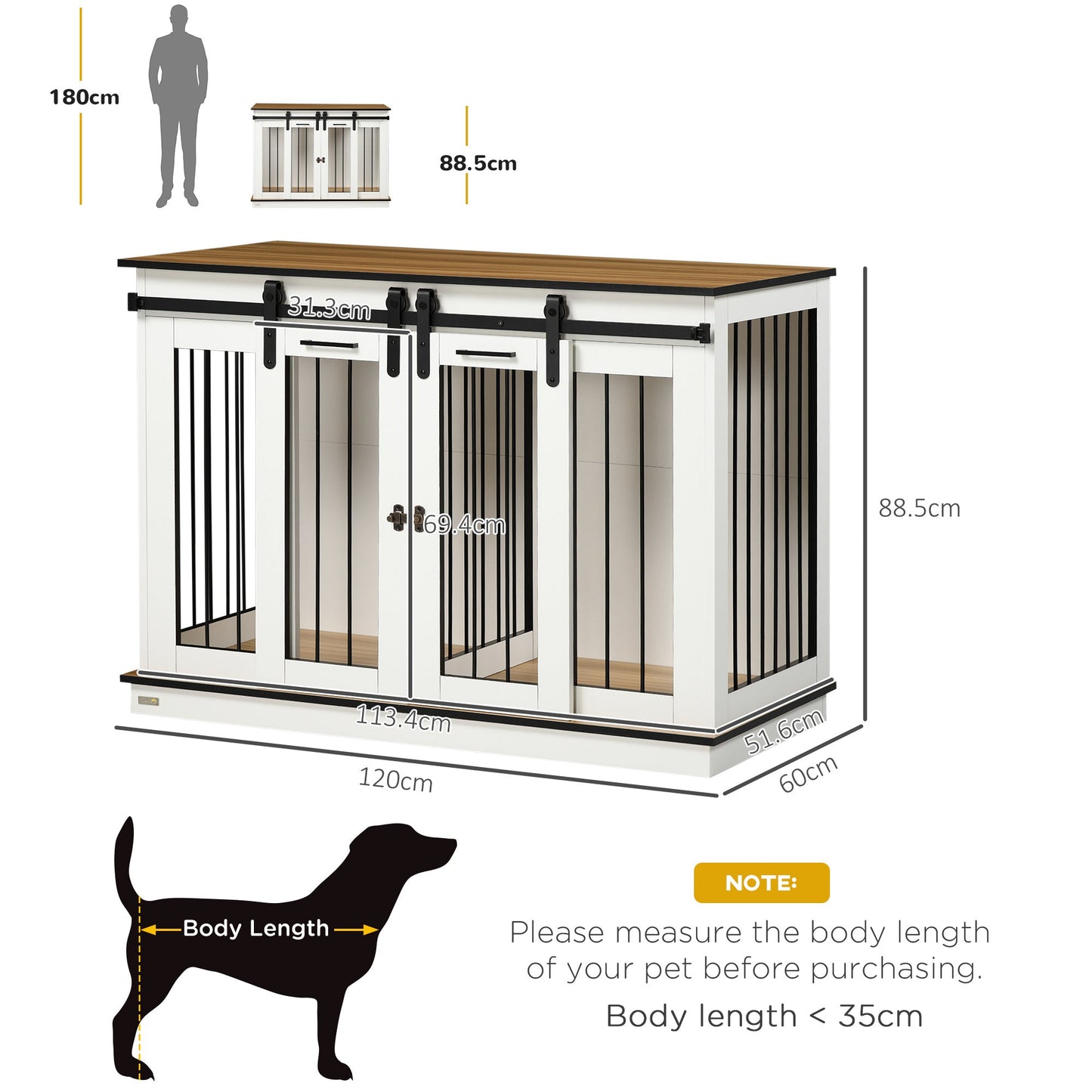 Dog Crate Furniture for Large Dog, Double Dog Cage for Small Dogs with Divider, Sliding Doors - White