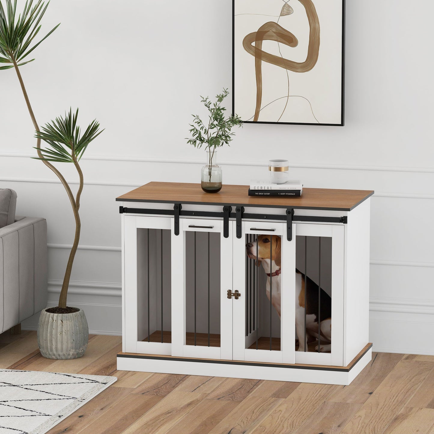 Dog Crate Furniture for Large Dog, Double Dog Cage for Small Dogs with Divider, Sliding Doors - White