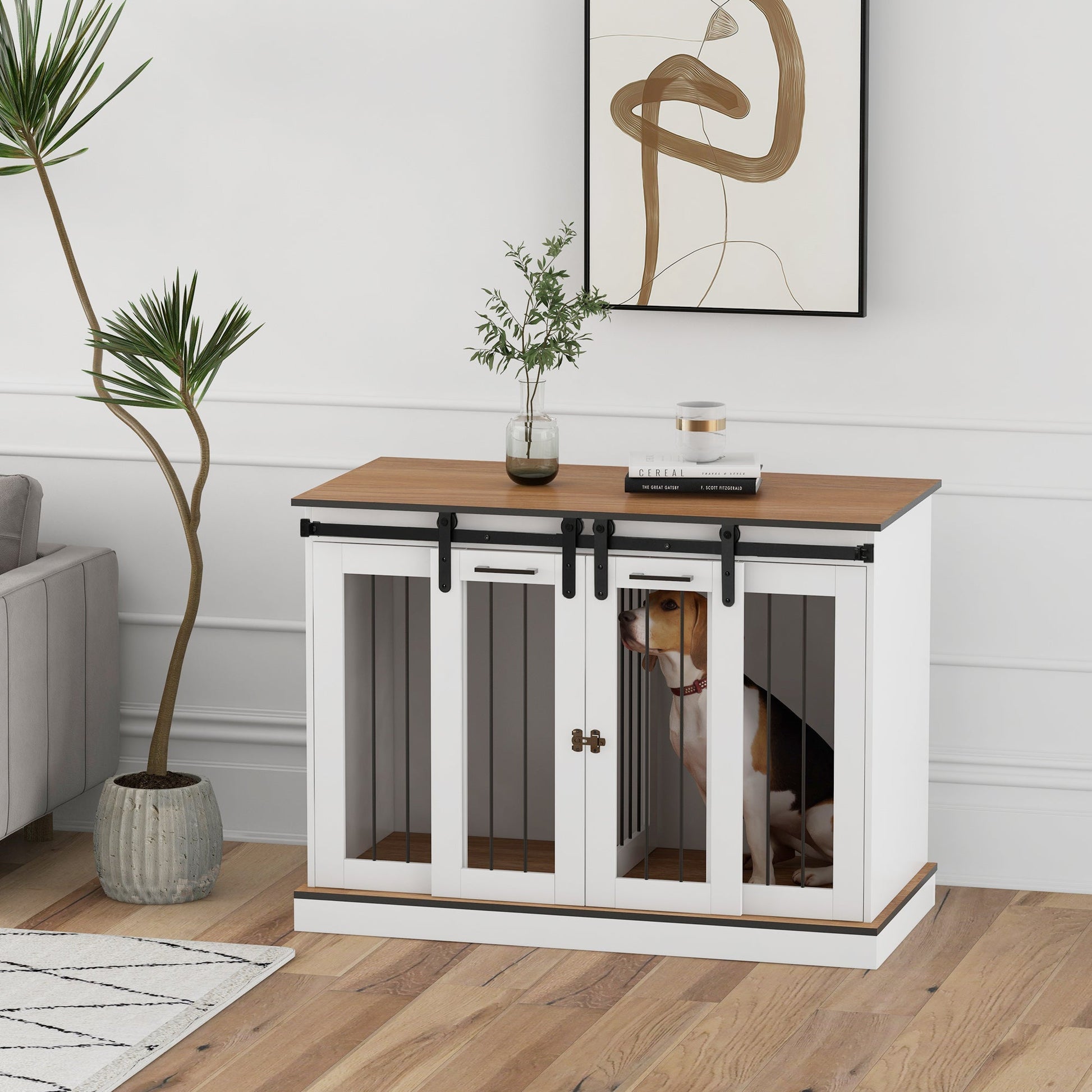 Dog Crate Furniture for Large Dog, Double Dog Cage for Small Dogs with Divider, Sliding Doors - White