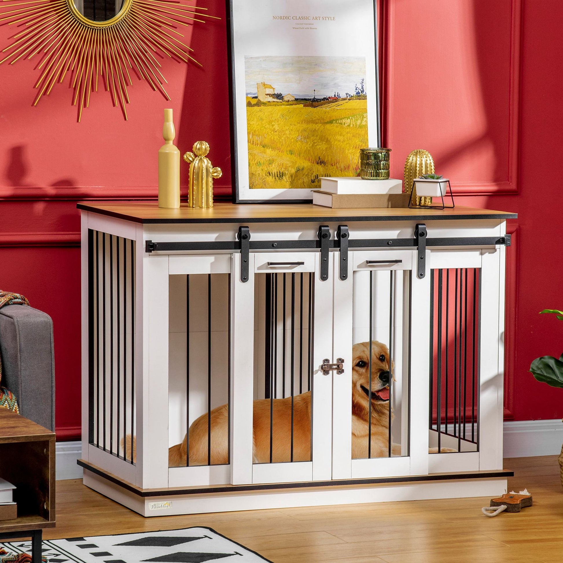 Dog Crate Furniture for Large Dog, Double Dog Cage for Small Dogs with Divider, Sliding Doors - White