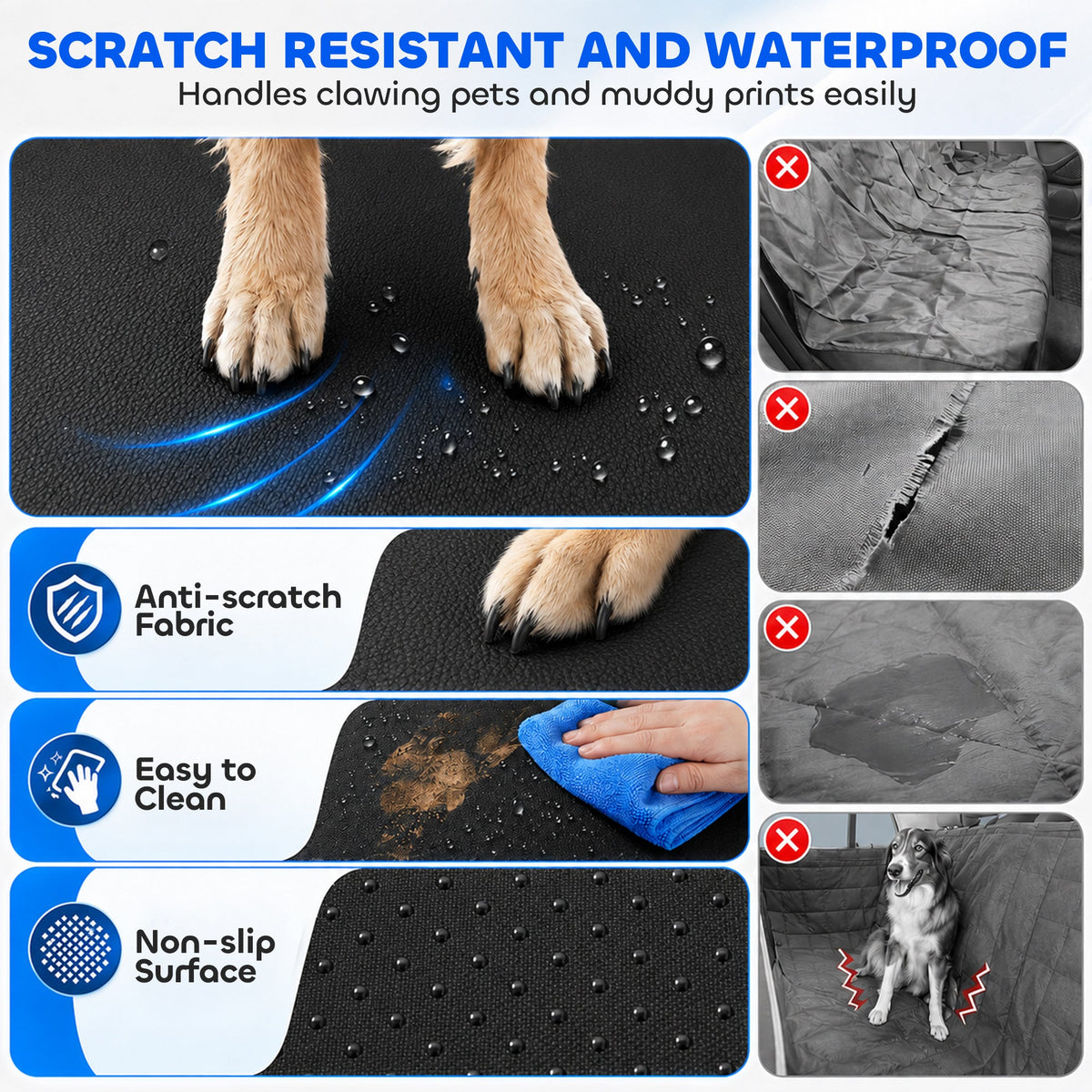 Dog Car Seat Cover, Waterproof Dog Travel Hammock with Non-Slip & Anti-Scratch Surface, Mesh Window and Pockets, Foldable Back Seat Cover for Cars, Trucks and SUVs, Blue
