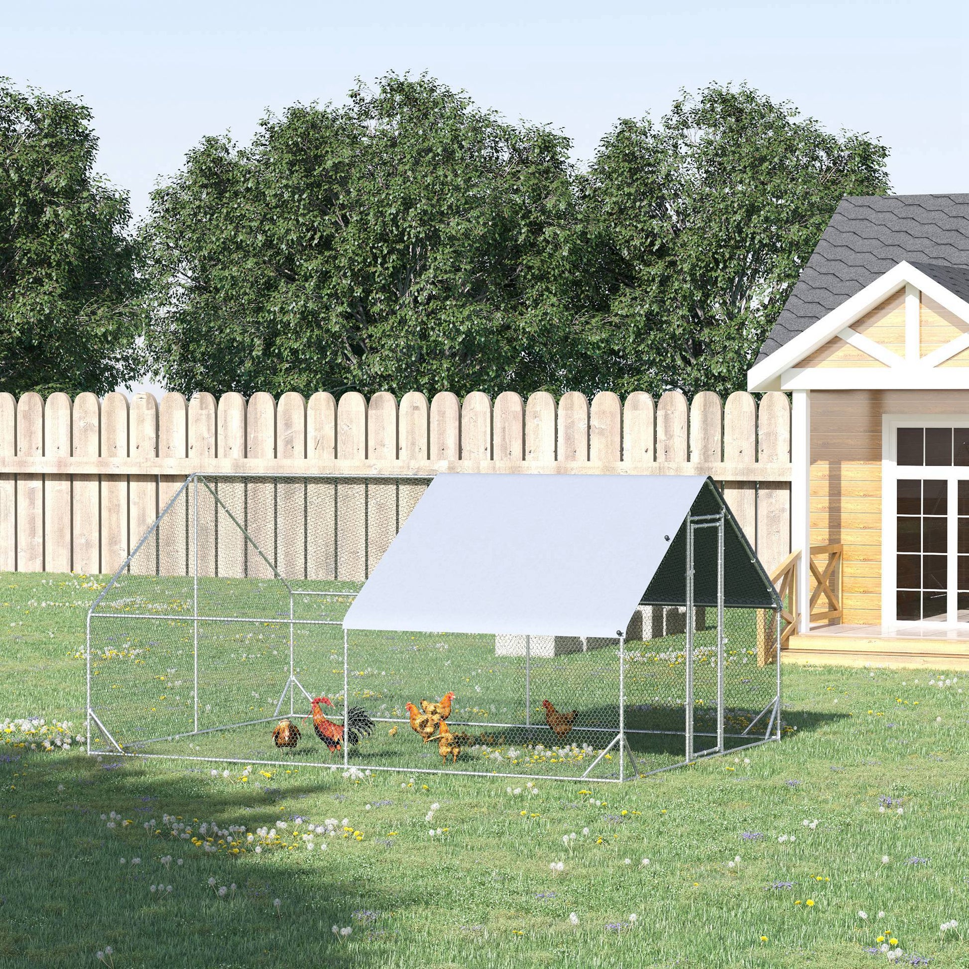 Chicken Run Galvanised Walk-in Chicken Coop Hen Poultry House Cage Rabbit Hutch Pet Playpen Garden w/ Water-Resist Cover, 3 x 4 x 2m
