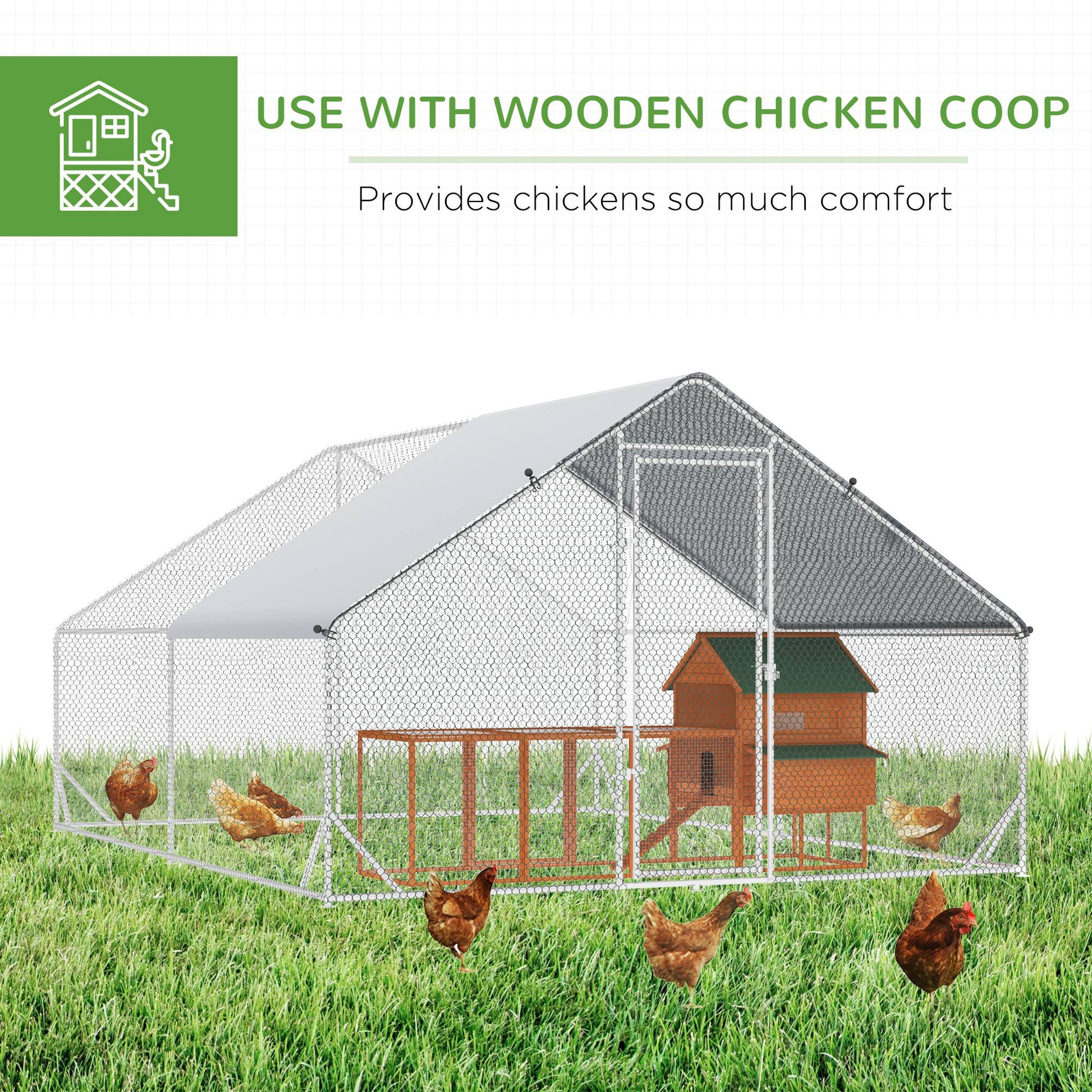 Chicken Run Galvanised Walk-in Chicken Coop Hen Poultry House Cage Rabbit Hutch Pet Playpen Garden w/ Water-Resist Cover, 3 x 4 x 2m