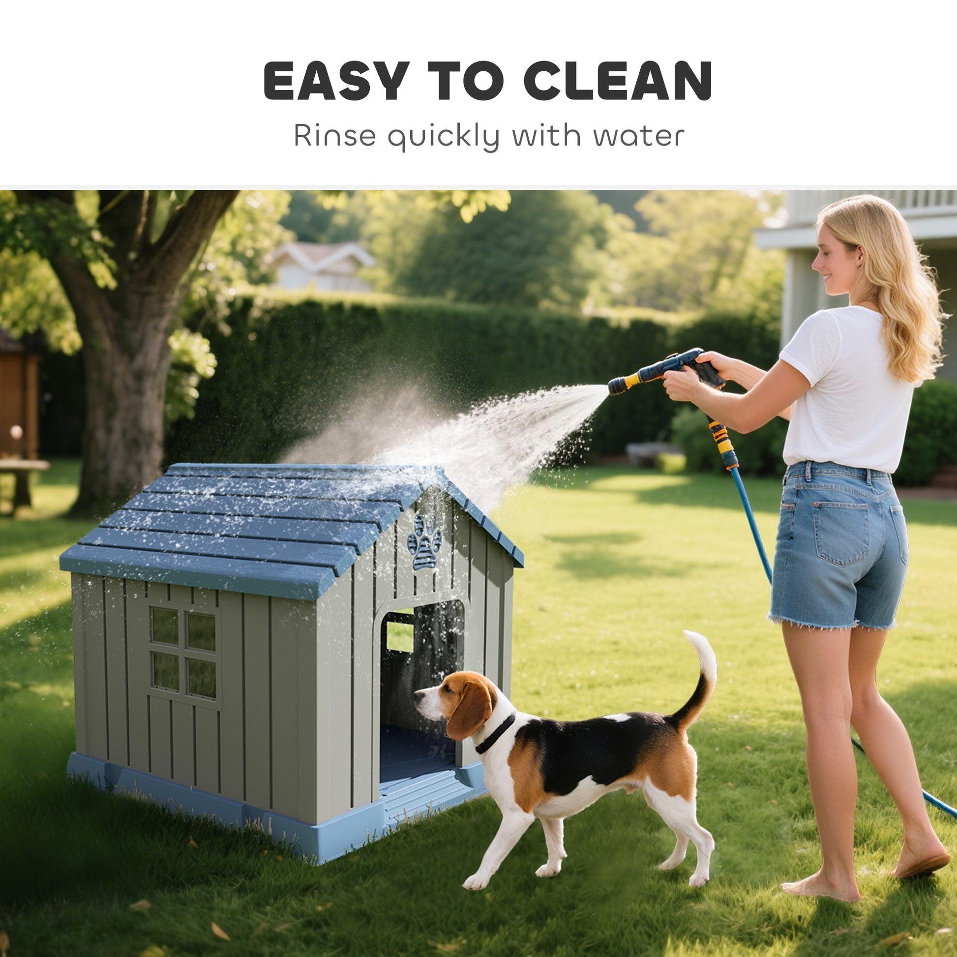 Dog Kennel Outdoor for Medium Dogs, Waterproof Plastic Dog House for Garden, Patio, Indoor Outdoor Pet Shelter with Elevated Base, 85 x 79 x 82 cm, Grey