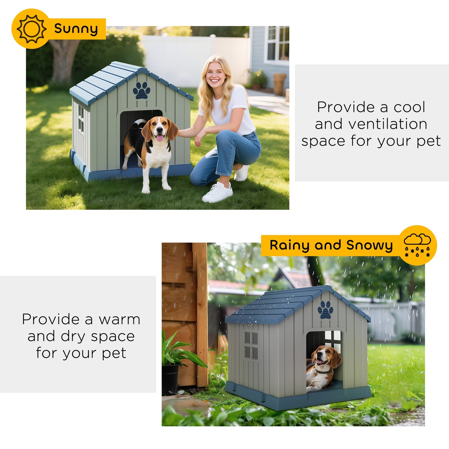Dog Kennel Outdoor for Medium Dogs, Waterproof Plastic Dog House for Garden, Patio, Indoor Outdoor Pet Shelter with Elevated Base, 85 x 79 x 82 cm, Grey
