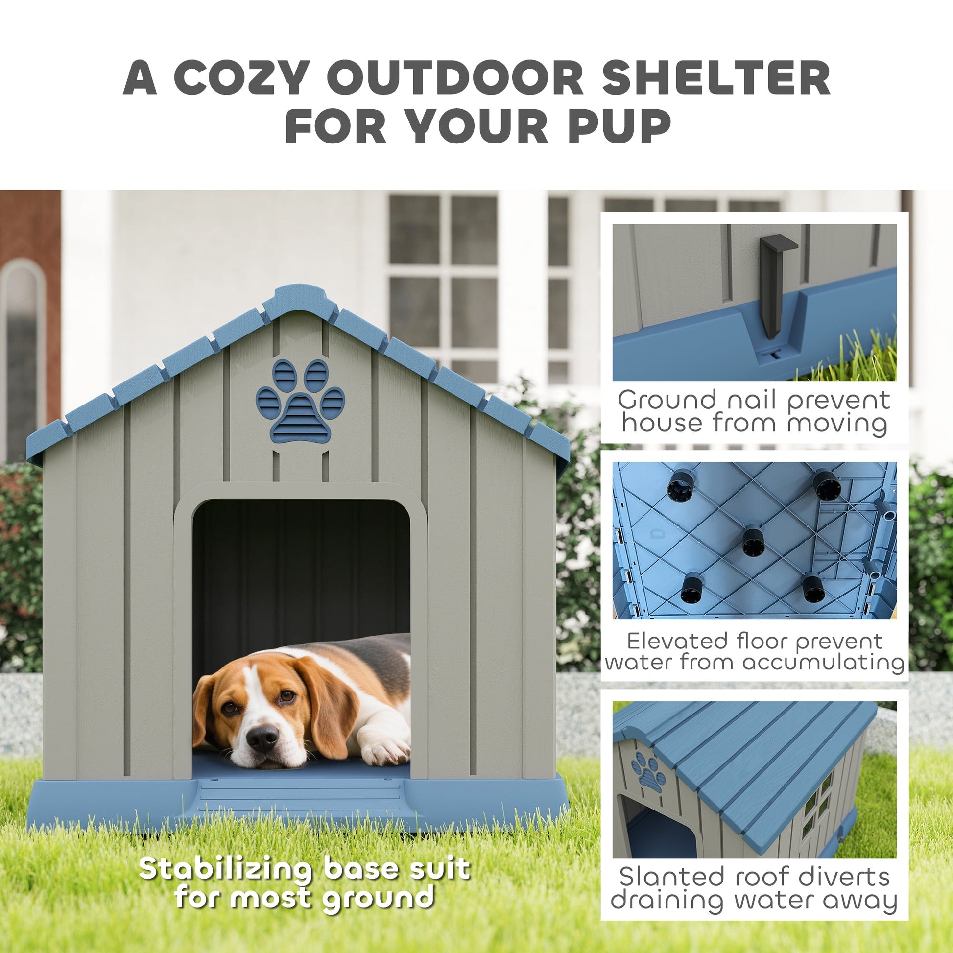 Dog Kennel Outdoor for Medium Dogs, Waterproof Plastic Dog House for Garden, Patio, Indoor Outdoor Pet Shelter with Elevated Base, 85 x 79 x 82 cm, Grey