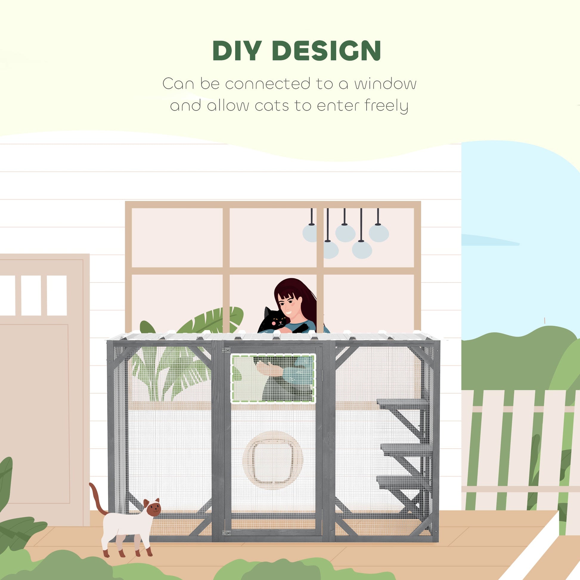 Wooden Cat House, 71" Catio Outdoor Cat Enclosure with Three Platforms, Large Door and Weather-Resistant Roof, for Multiple Cats, Grey