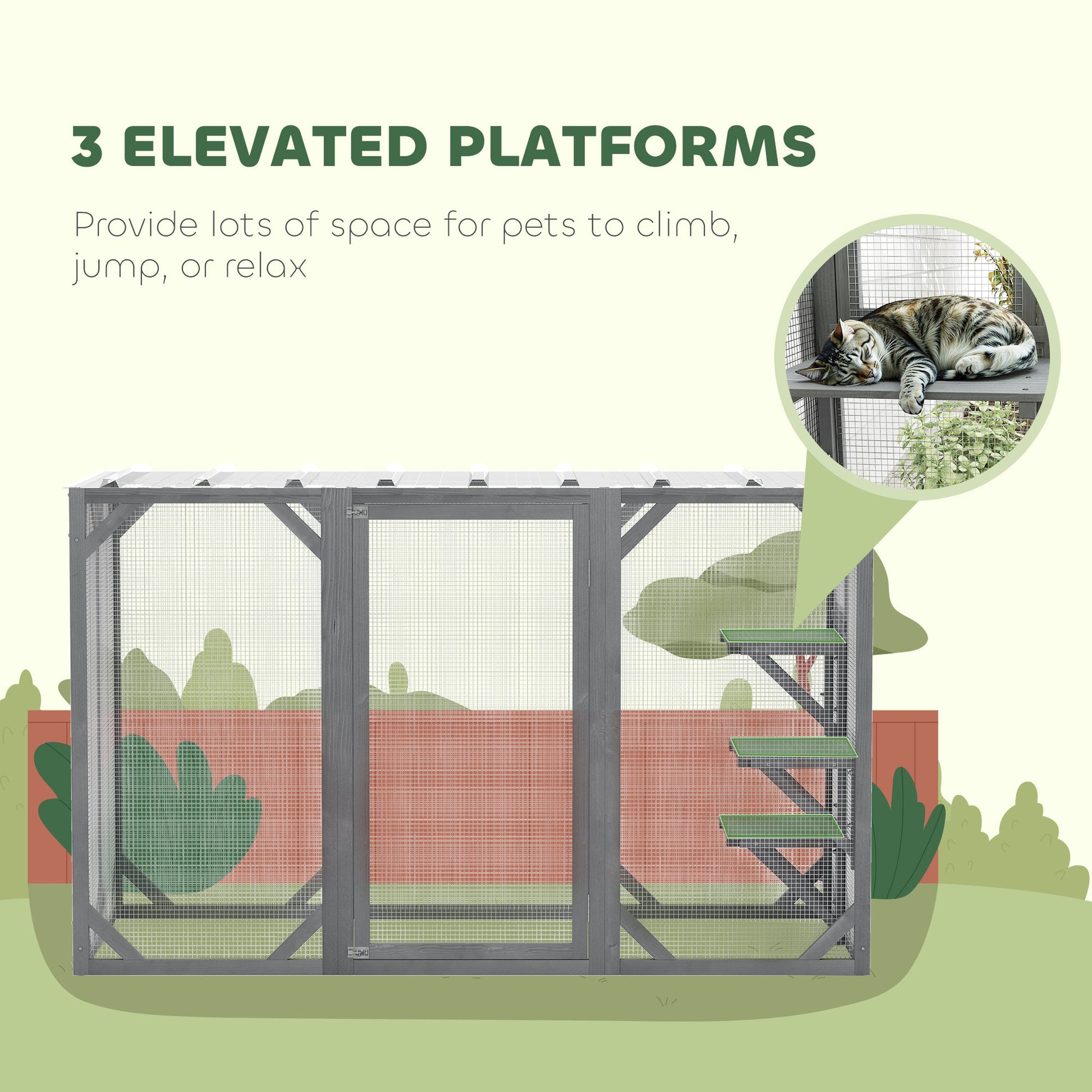 Wooden Cat House, 71" Catio Outdoor Cat Enclosure with Three Platforms, Large Door and Weather-Resistant Roof, for Multiple Cats, Grey
