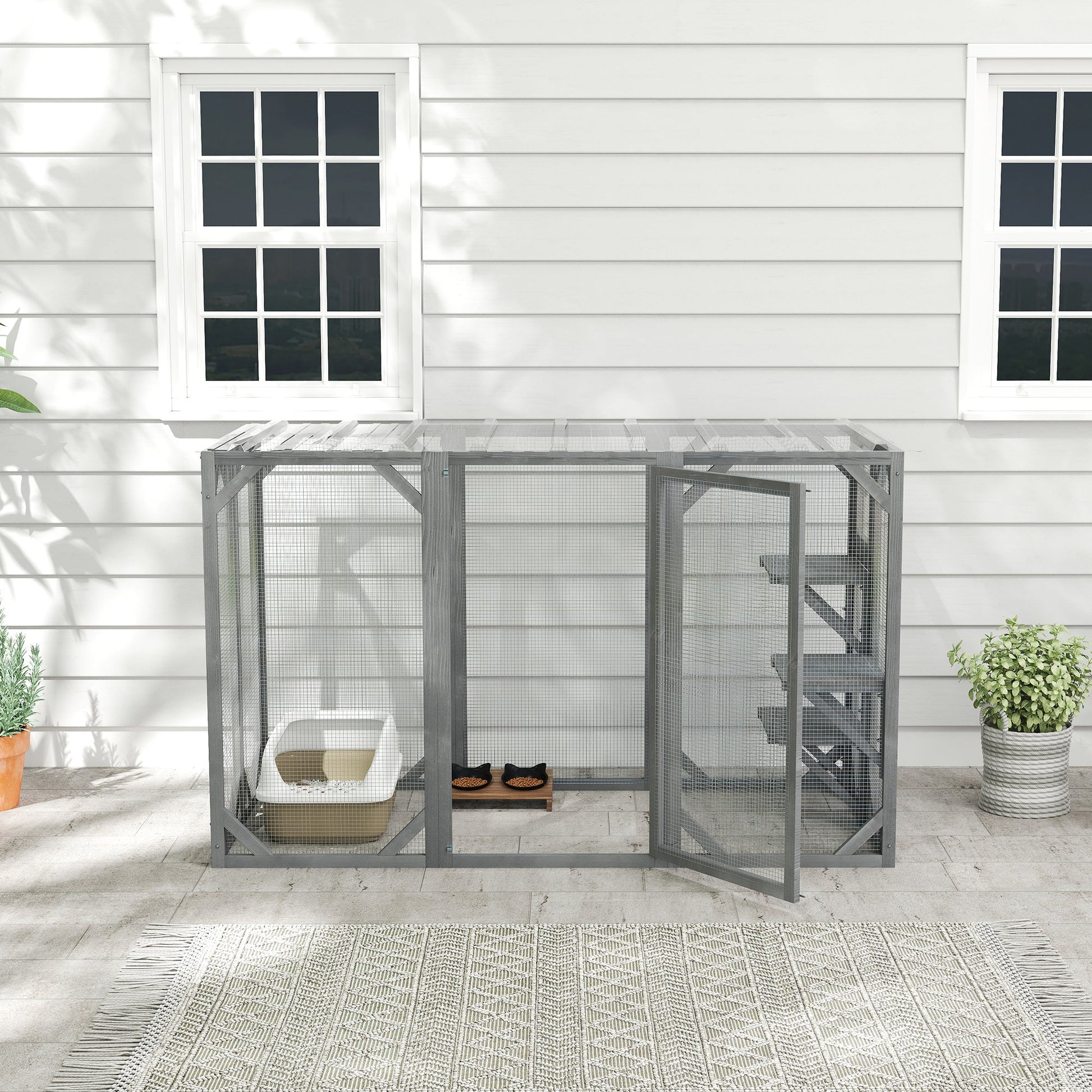 Wooden Cat House, 71" Catio Outdoor Cat Enclosure with Three Platforms, Large Door and Weather-Resistant Roof, for Multiple Cats, Grey