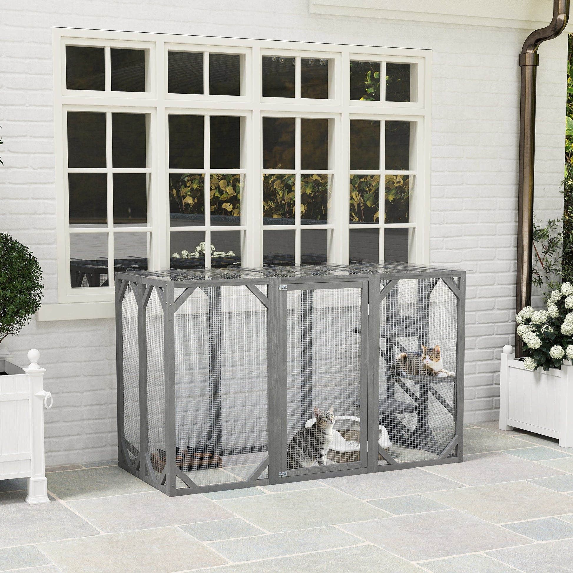 Wooden Cat House, 71" Catio Outdoor Cat Enclosure with Three Platforms, Large Door and Weather-Resistant Roof, for Multiple Cats, Grey