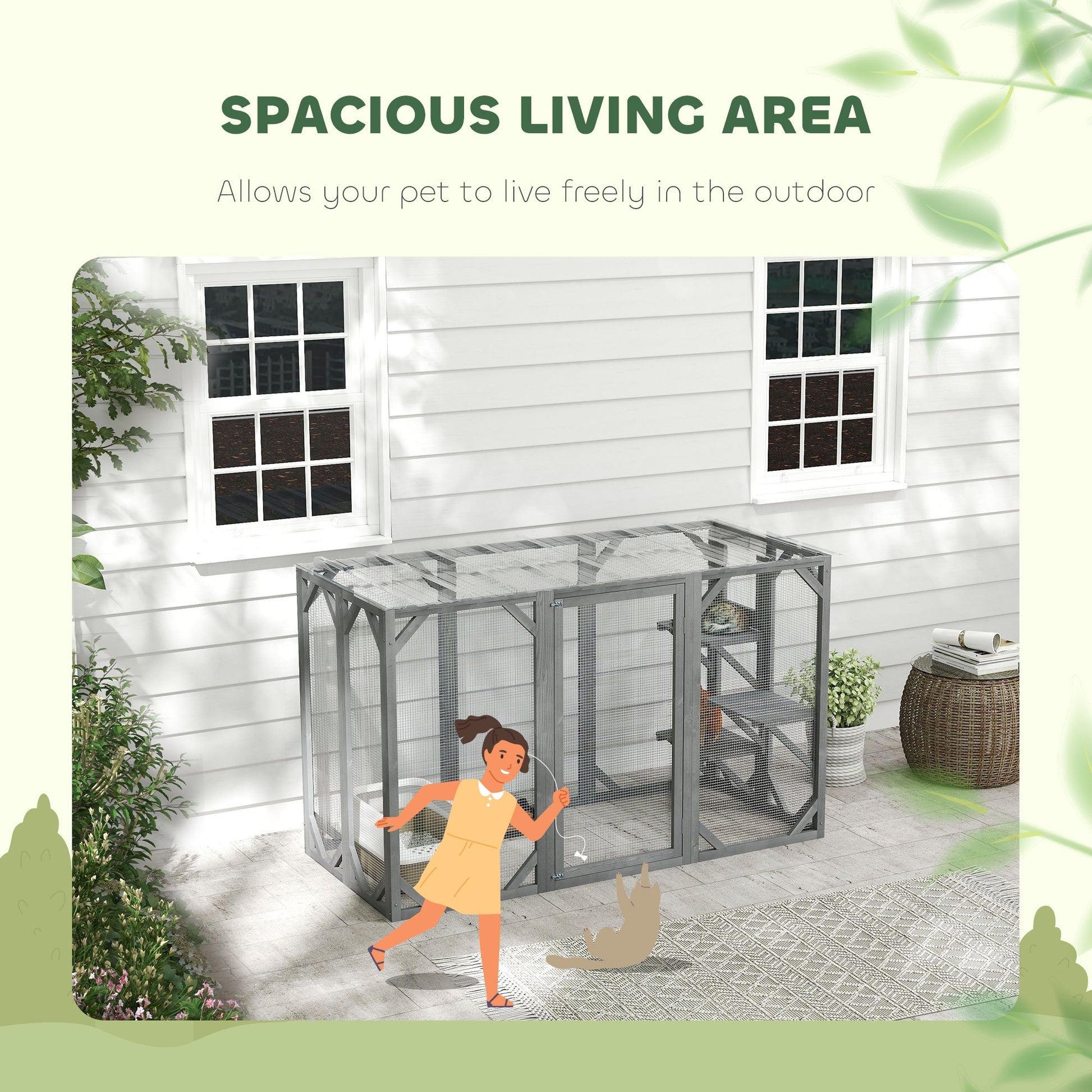 Wooden Cat House, 71" Catio Outdoor Cat Enclosure with Three Platforms, Large Door and Weather-Resistant Roof, for Multiple Cats, Grey