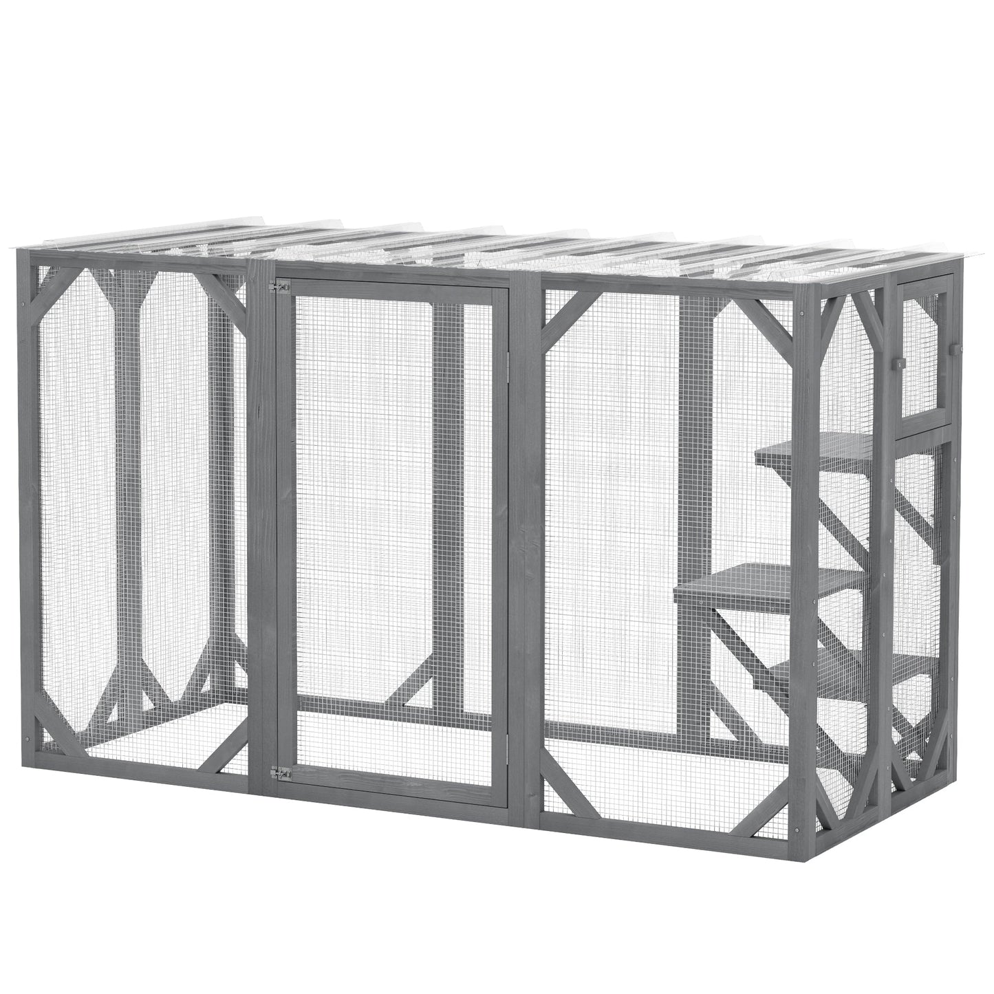 Wooden Cat House, 71" Catio Outdoor Cat Enclosure with Three Platforms, Large Door and Weather-Resistant Roof, for Multiple Cats, Grey