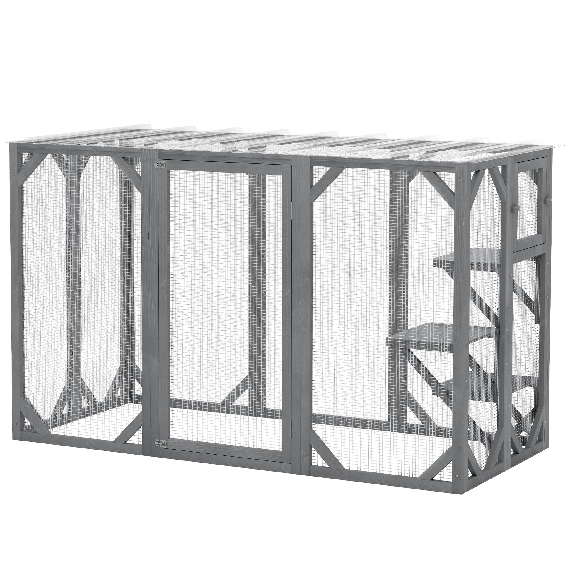 Wooden Cat House, 71" Catio Outdoor Cat Enclosure with Three Platforms, Large Door and Weather-Resistant Roof, for Multiple Cats, Grey