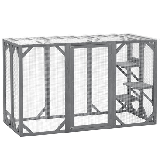 Wooden Cat House, 71" Catio Outdoor Cat Enclosure with Three Platforms, Large Door and Weather-Resistant Roof, for Multiple Cats, Grey