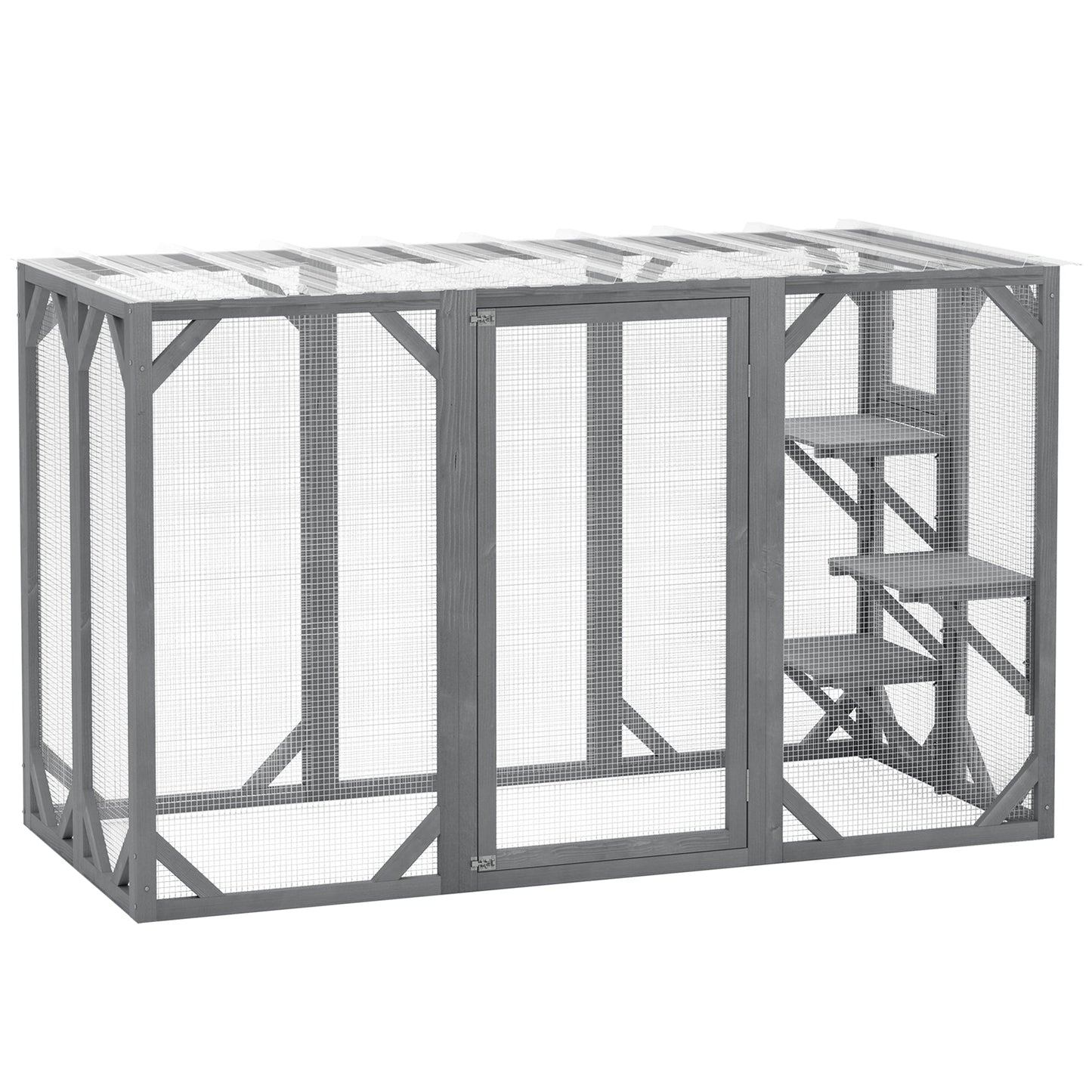 Wooden Cat House, 71" Catio Outdoor Cat Enclosure with Three Platforms, Large Door and Weather-Resistant Roof, for Multiple Cats, Grey