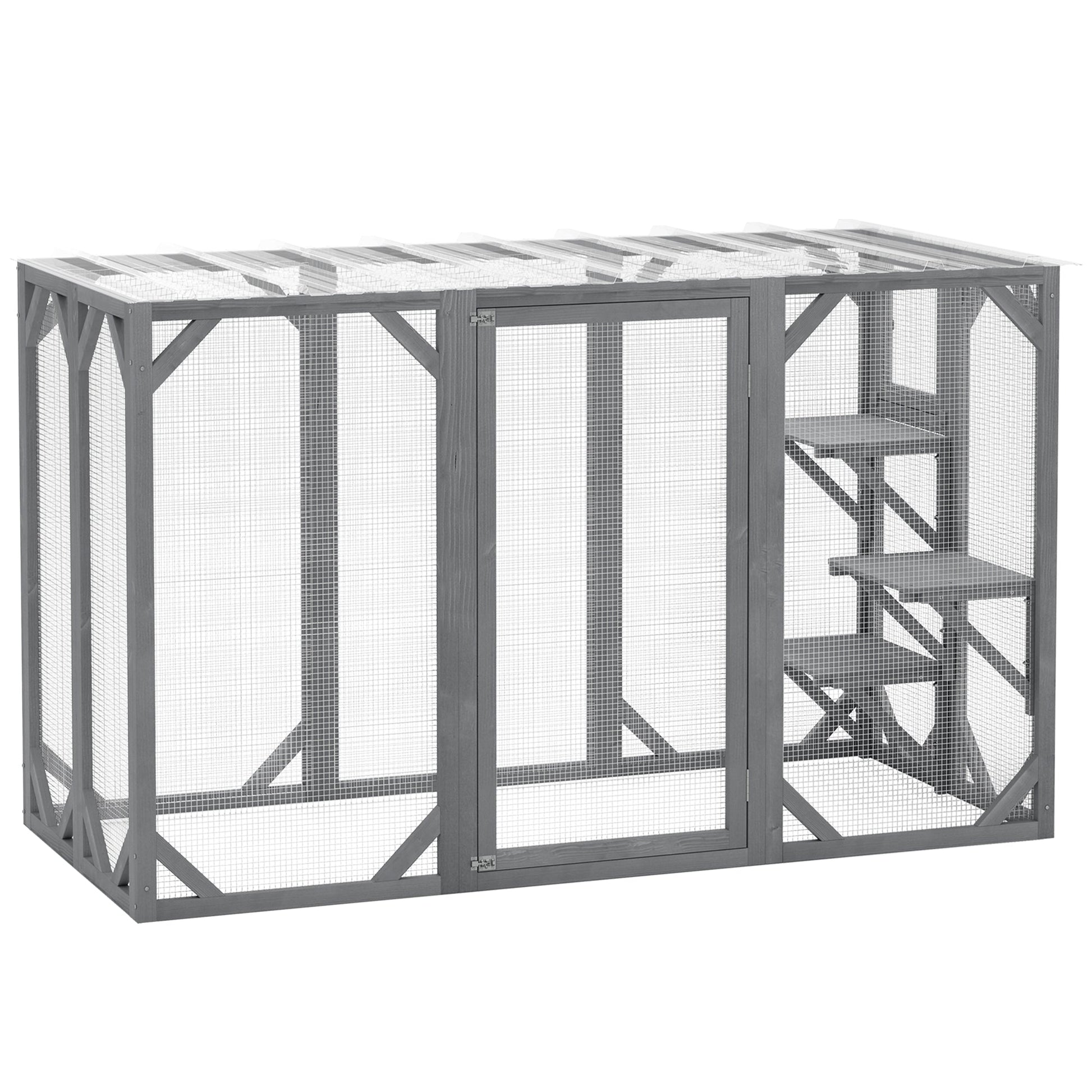 Wooden Cat House, 71" Catio Outdoor Cat Enclosure with Three Platforms, Large Door and Weather-Resistant Roof, for Multiple Cats, Grey