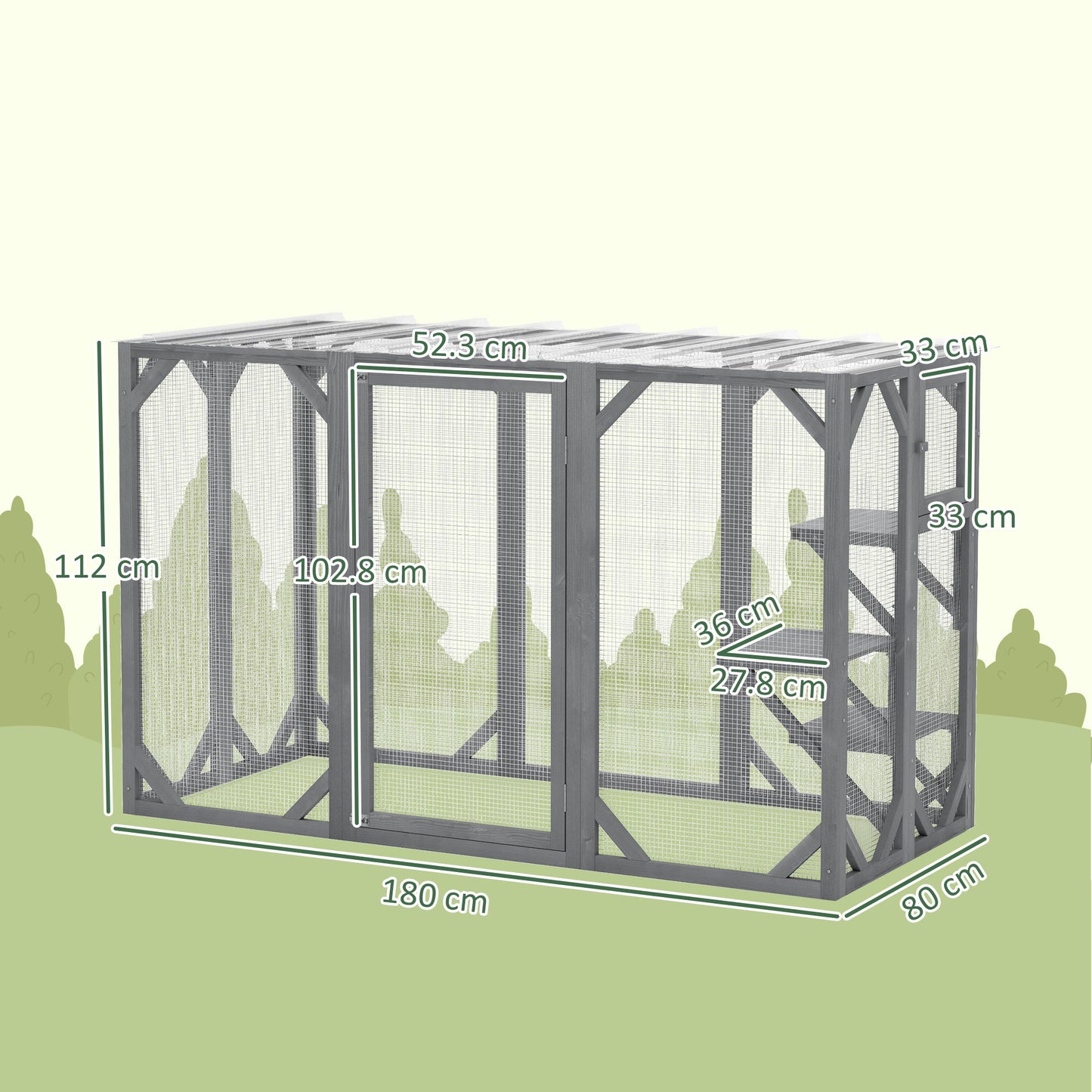 Wooden Cat House, 71" Catio Outdoor Cat Enclosure with Three Platforms, Large Door and Weather-Resistant Roof, for Multiple Cats, Grey