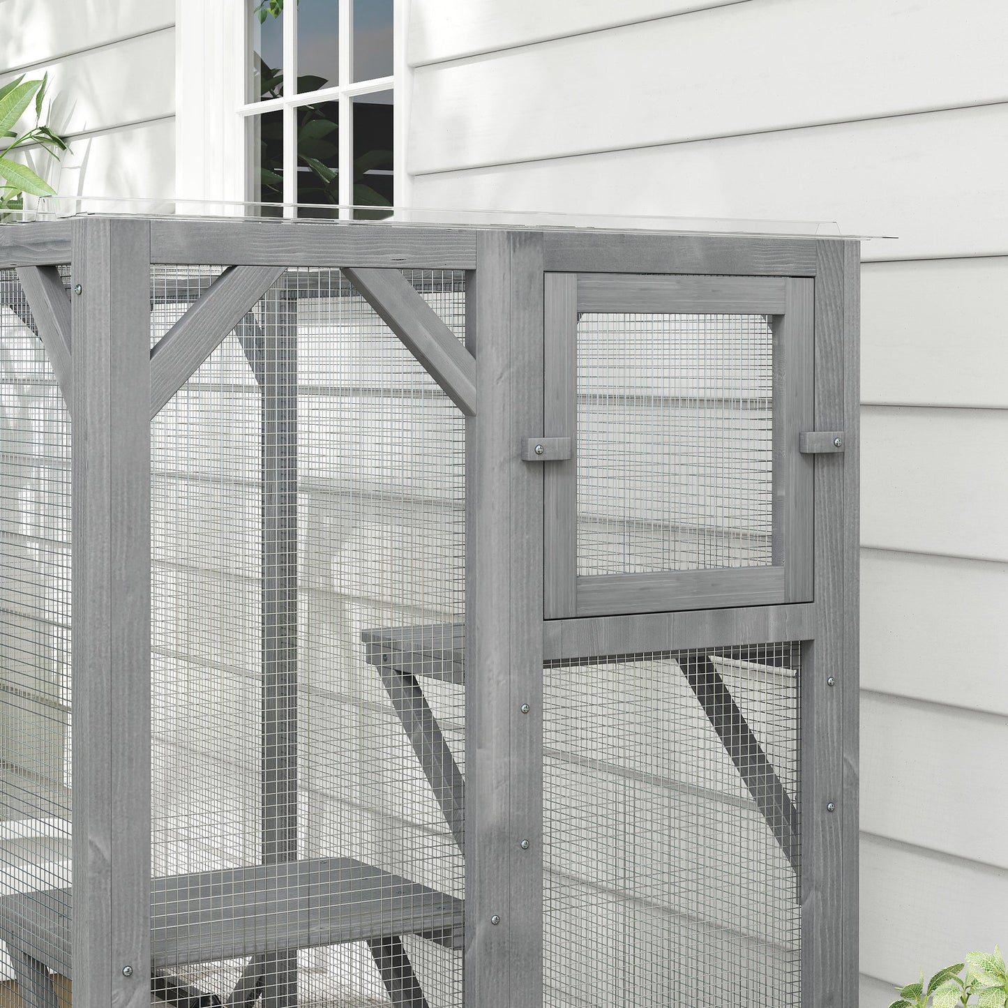 Wooden Cat House, 71" Catio Outdoor Cat Enclosure with Three Platforms, Large Door and Weather-Resistant Roof, for Multiple Cats, Grey