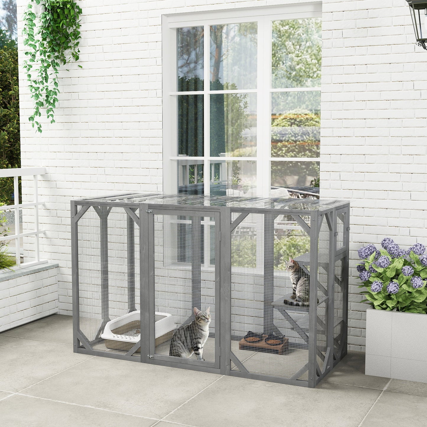 Wooden Cat House, 71" Catio Outdoor Cat Enclosure with Three Platforms, Large Door and Weather-Resistant Roof, for Multiple Cats, Grey