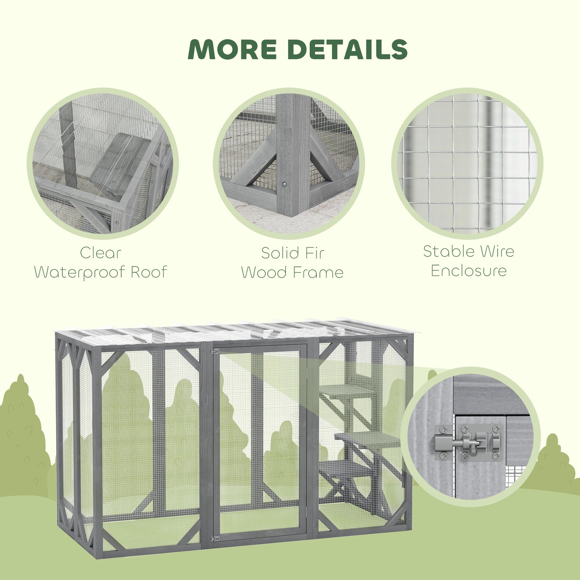 Wooden Cat House, 71" Catio Outdoor Cat Enclosure with Three Platforms, Large Door and Weather-Resistant Roof, for Multiple Cats, Grey