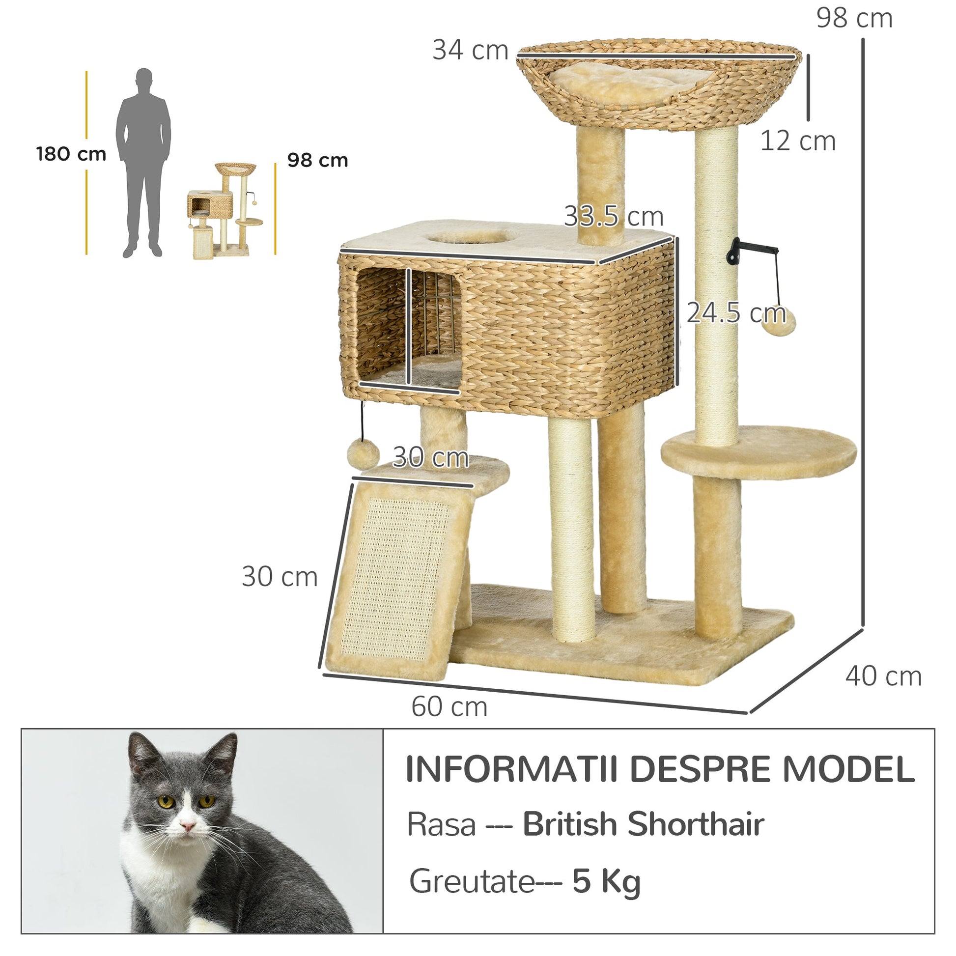 95cm Cat Tree for Indoor Cats, Cat Tower with Scratching Posts, Ramp, Condo, Toy Balls, Platform, Bed, Ramp - Beige